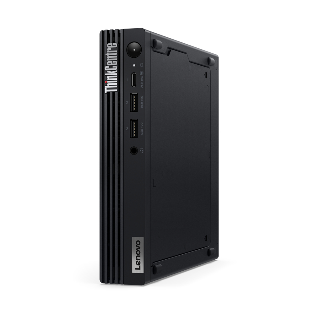 Computer Lenovo ThinkCentre nero. Pannello frontale con porte e logo Lenovo.