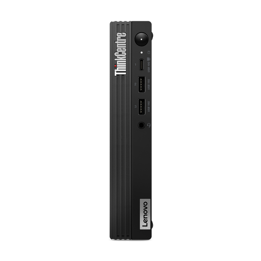 Mini PC Lenovo ThinkCentre nero con porte laterali e logo Lenovo.