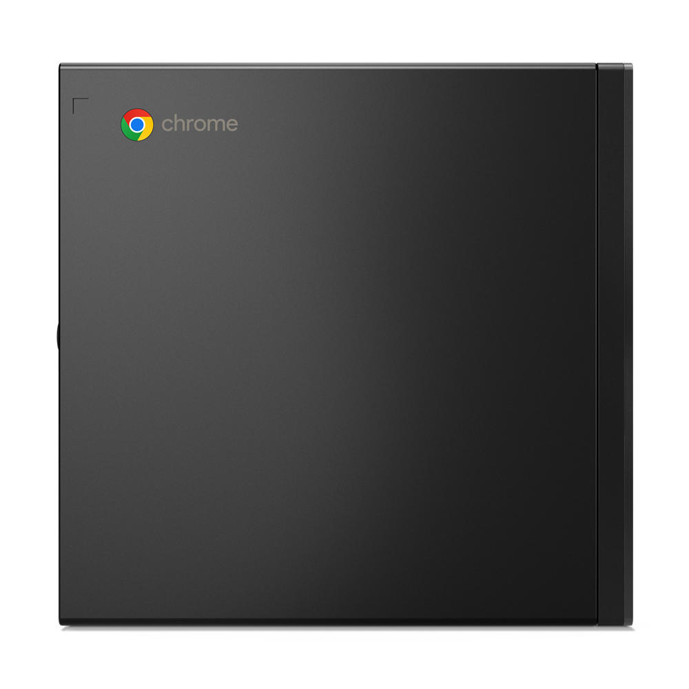 Un computer desktop nero con il logo Chrome sul lato. Forma solida, rettangolare.