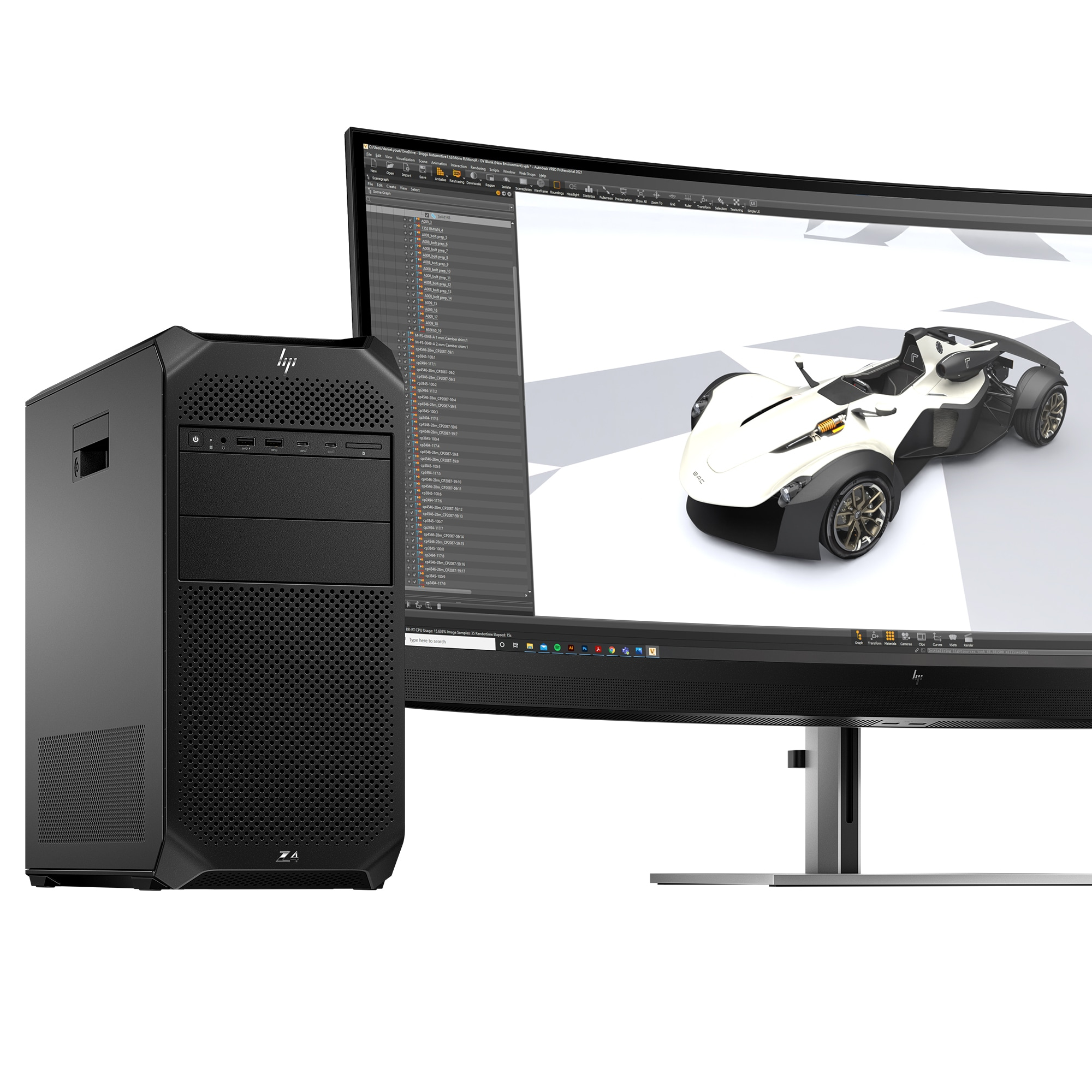 Ordenador negro con un monitor que muestra un diseño de coche.