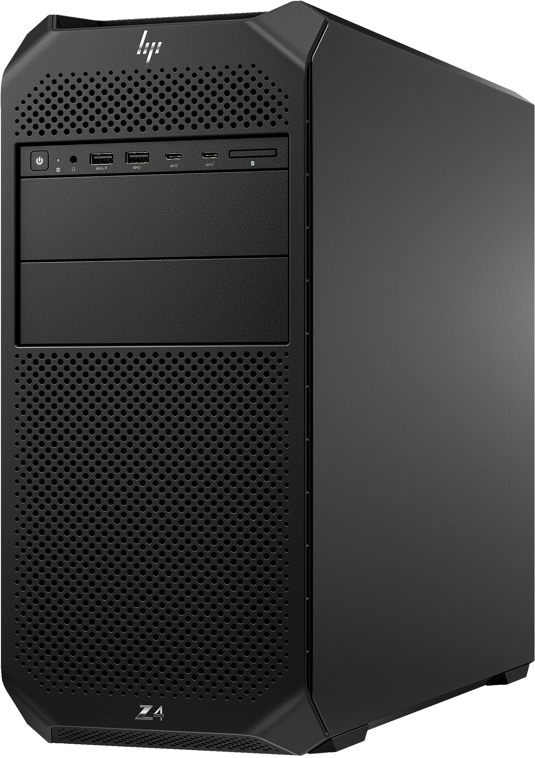 Zwarte HP Z4 workstation-toren. Voorkant heeft poorten en ventilatie. HP-logo bovenaan.