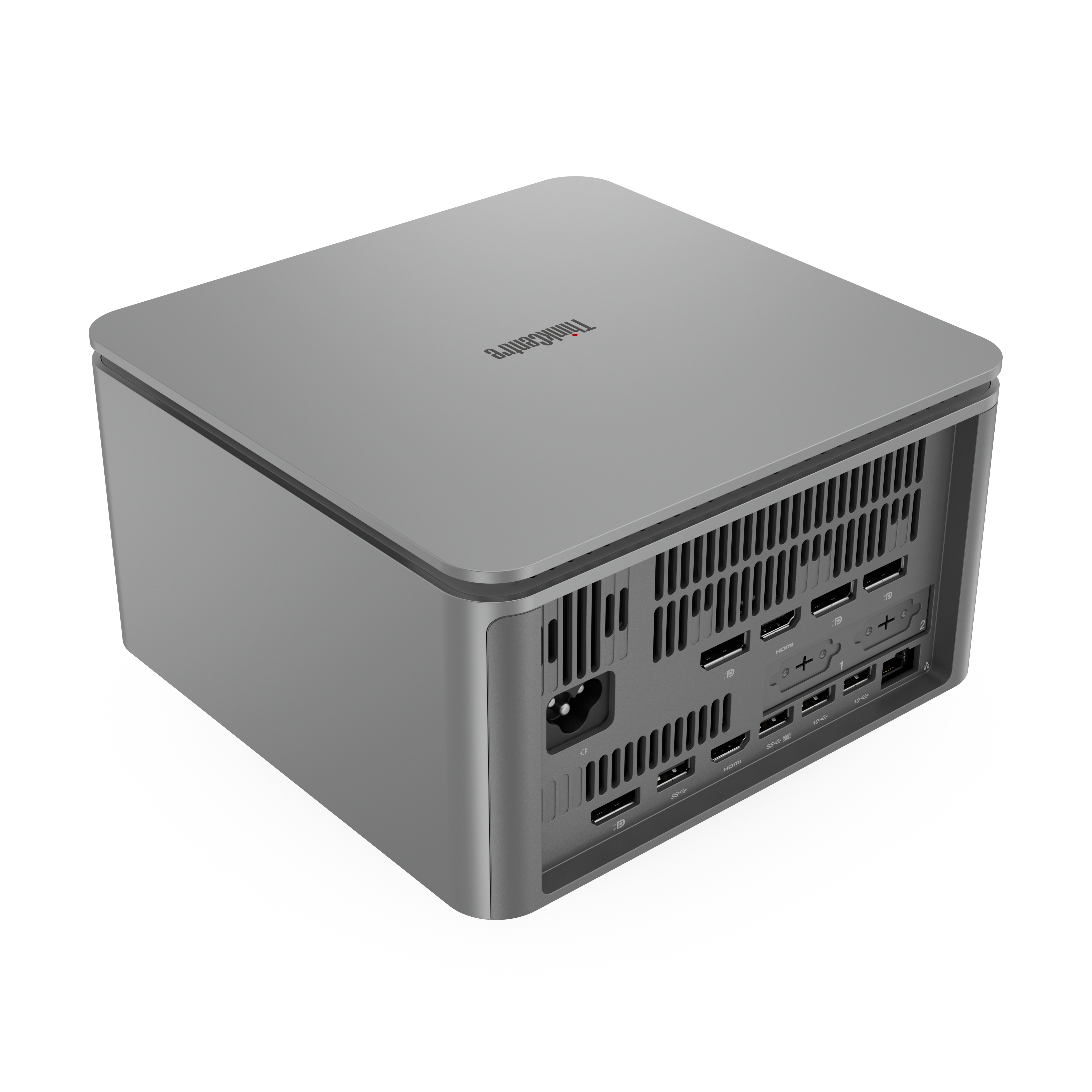Srebrny komputer ThinkCentre. Ma porty z tyłu i z boku. Jest na białej powierzchni.