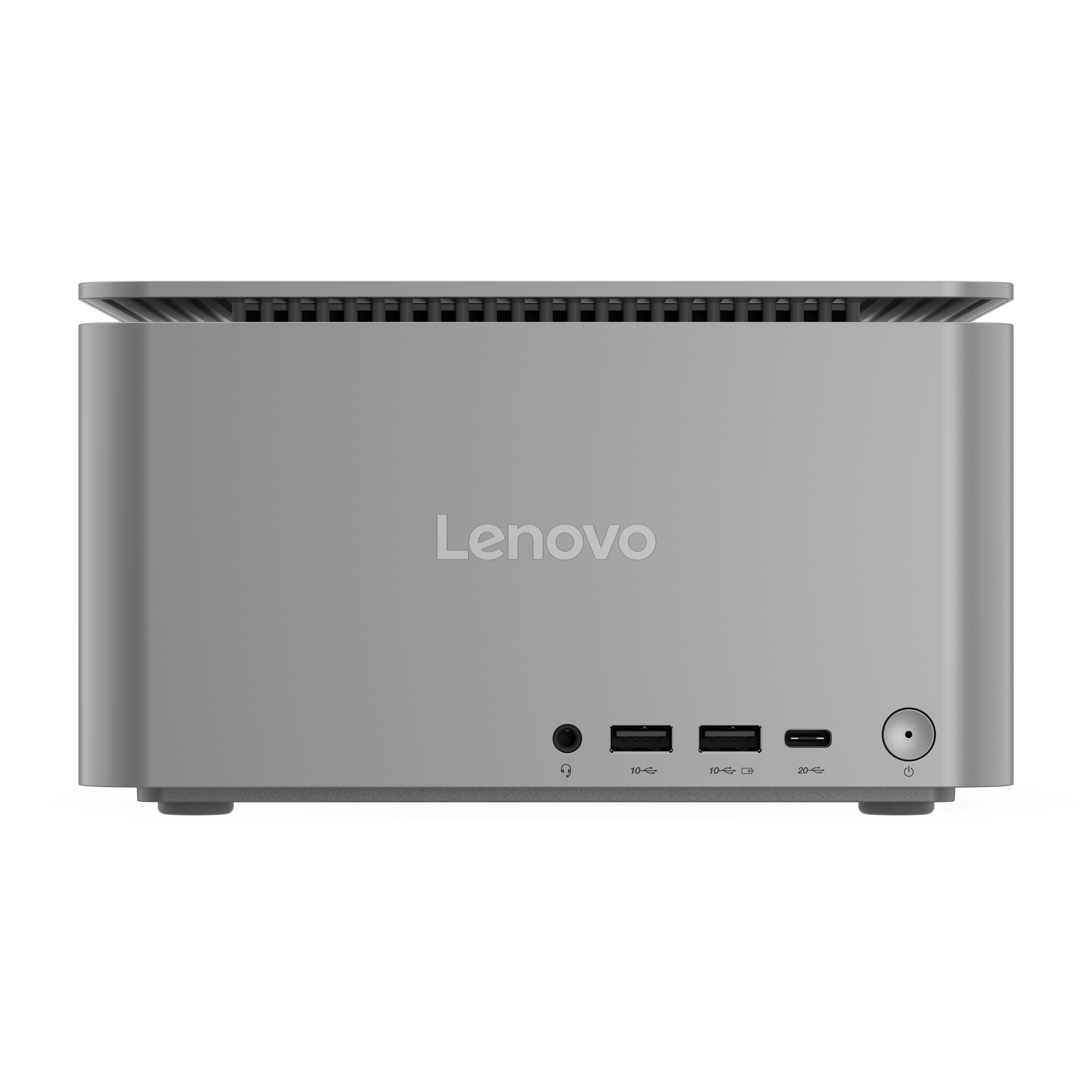 Srebrny komputer Lenovo z portami i przyciskiem zasilania. Logo Lenovo jest widoczne.