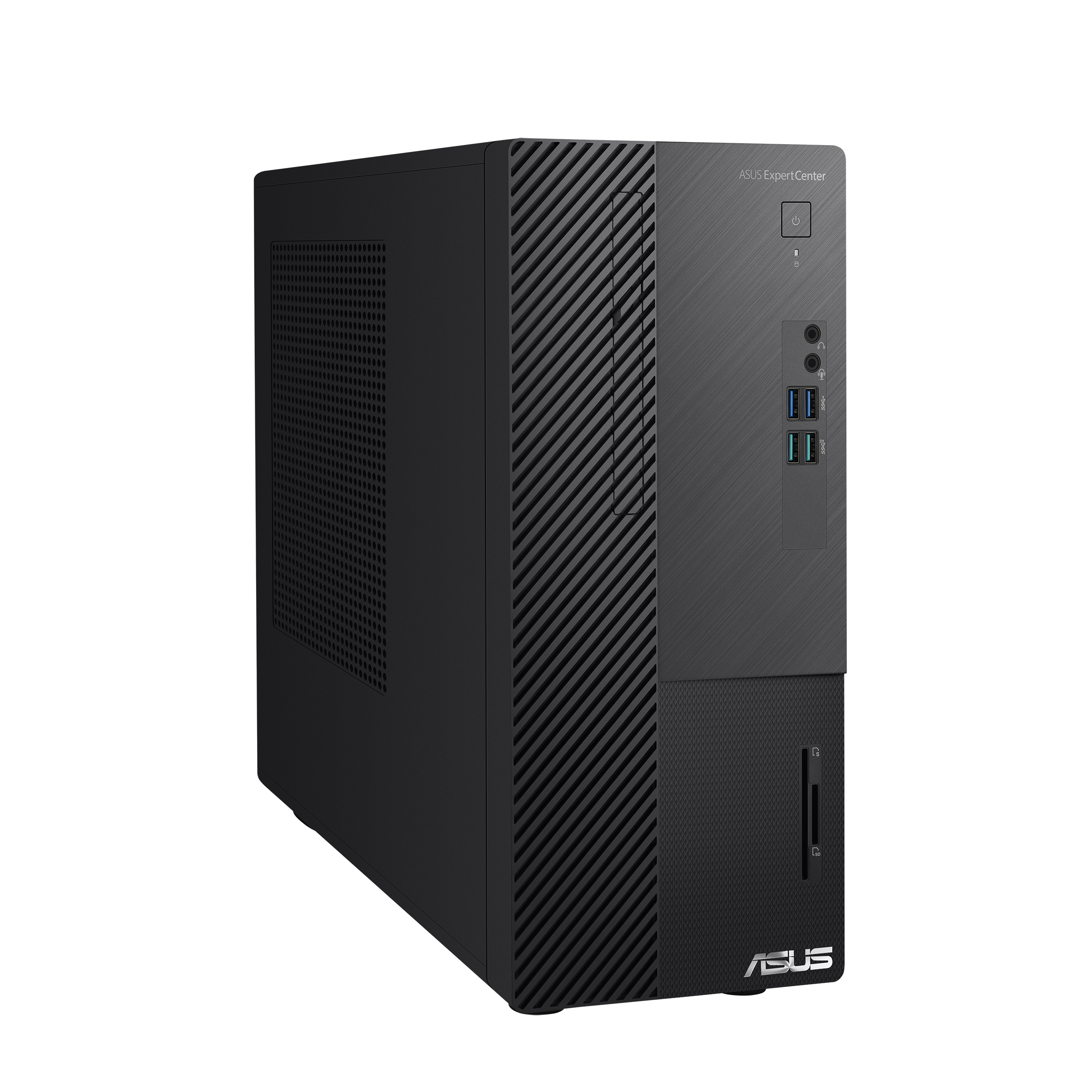 Computer desktop ASUS ExpertCenter nero. Porte USB anteriori, pulsante di accensione e lettore di schede.