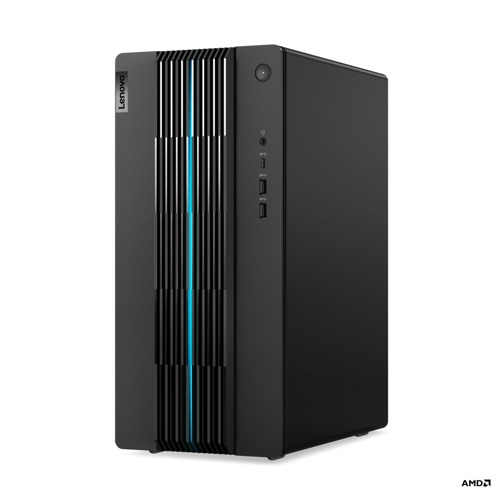 Torre per computer desktop Lenovo nera. Caratteristiche: logo Lenovo, porte e una striscia verde acqua. Logo AMD in basso a destra.