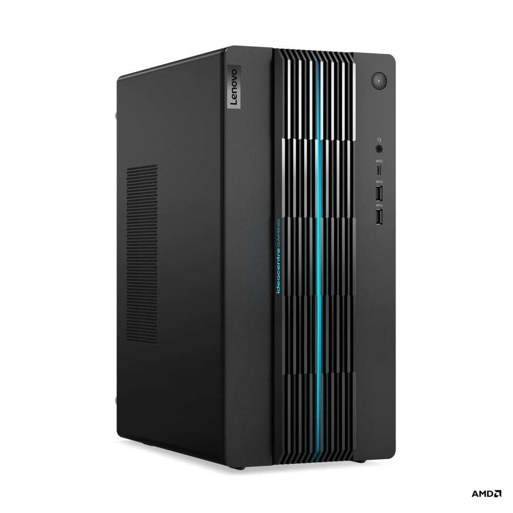 PC gaming Lenovo Ideacentre nero con dettagli blu, su sfondo bianco. Caratteristiche visibili.