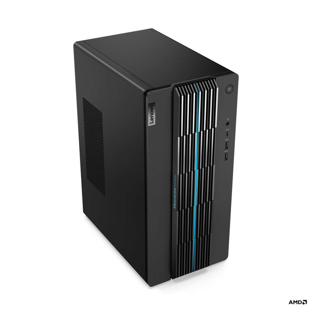 Computer desktop Lenovo nero con design del pannello frontale. Il logo AMD è in basso.