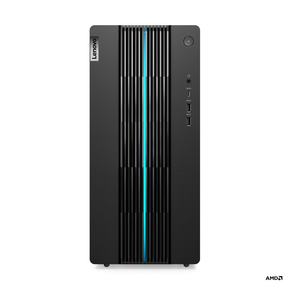 Computer desktop Lenovo nero con accenti di luce blu sulla parte anteriore. Il marchio è Lenovo.