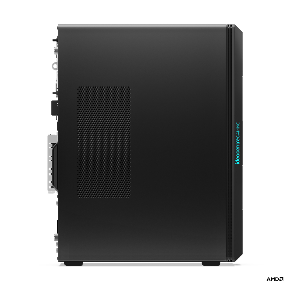 Vista laterale di un computer desktop da gioco Lenovo Ideacentre nero con logo AMD.