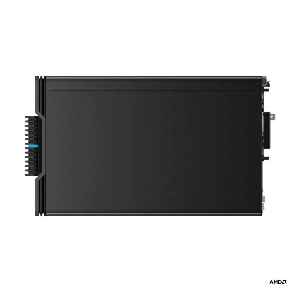 Vista dall'alto del case nero del computer. Il logo AMD è visibile. Il case ha delle ventole.