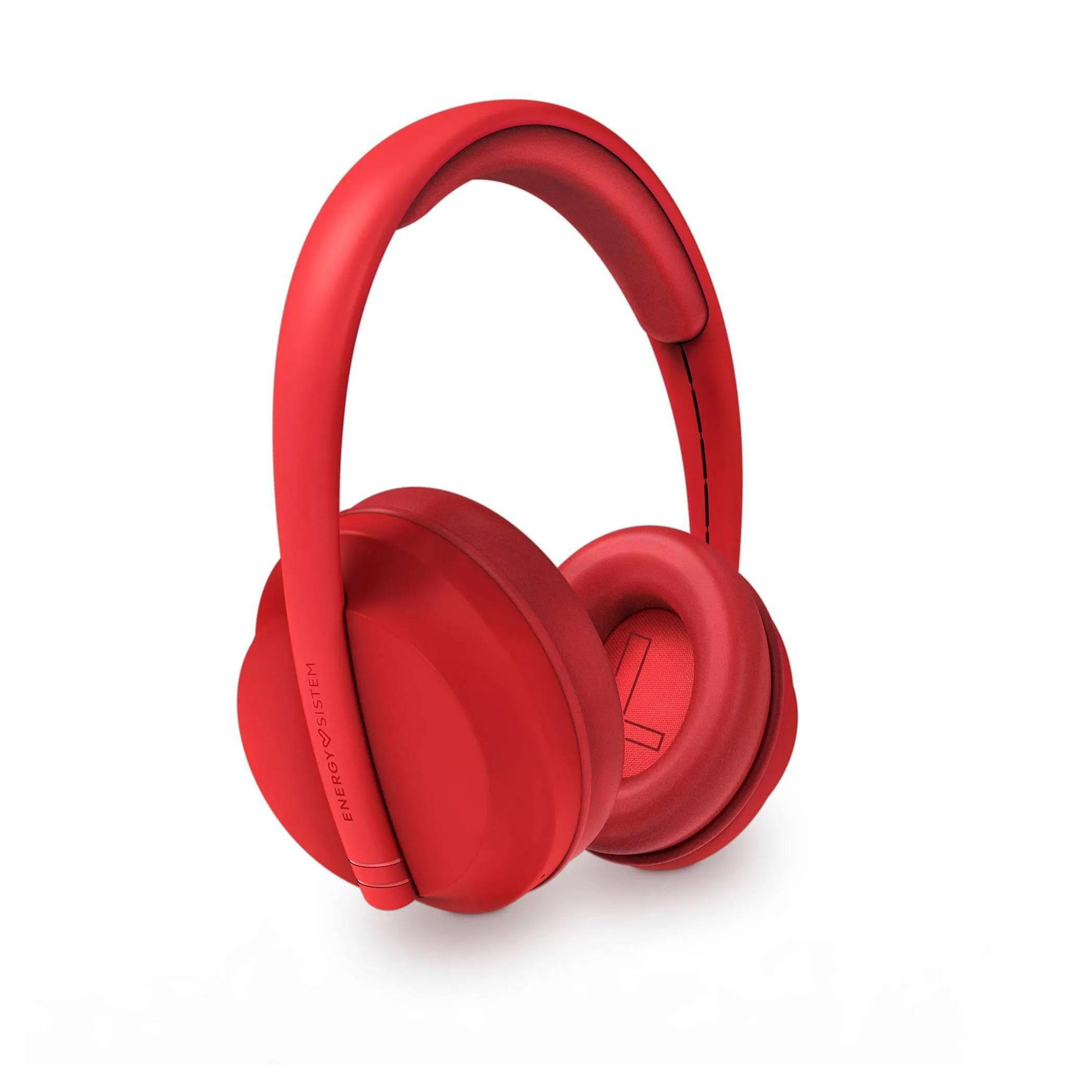 Rote Over-Ear-Kopfhörer mit Energy Sistem-Branding, isoliert auf weißem Hintergrund. Vorderansicht.