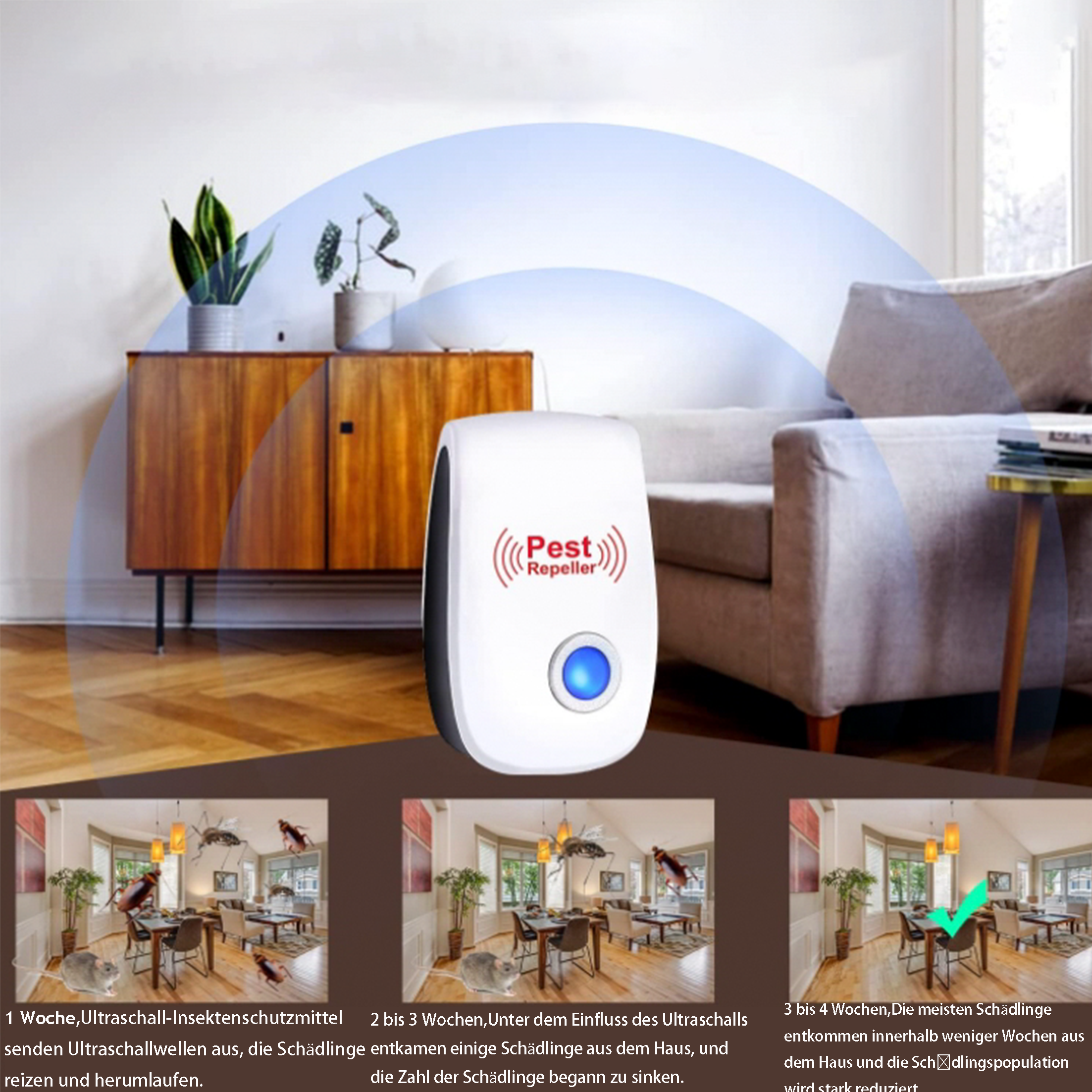 Schädlingsbekämpfungsgerät in einem Wohnzimmer, mit Illustrationen zur Schädlingsreduzierung.