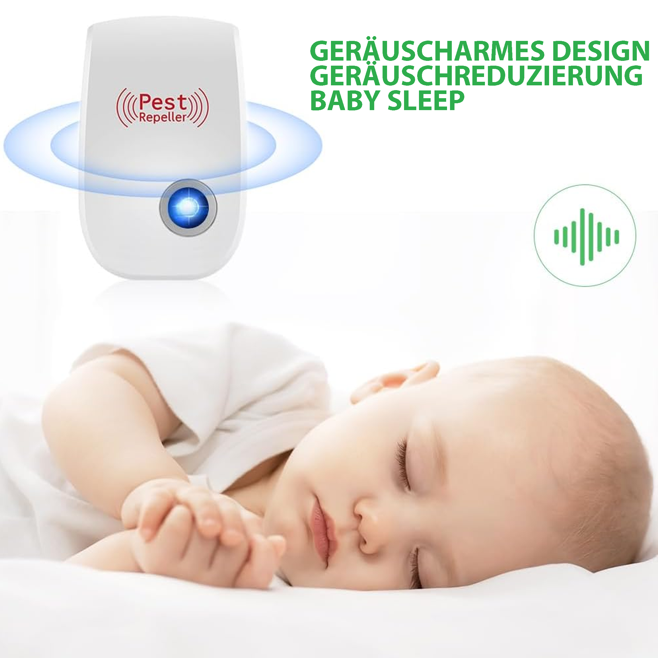 Ein weißer Schädlingsbekämpfer und ein schlafendes Baby, mit deutschem Text darüber.