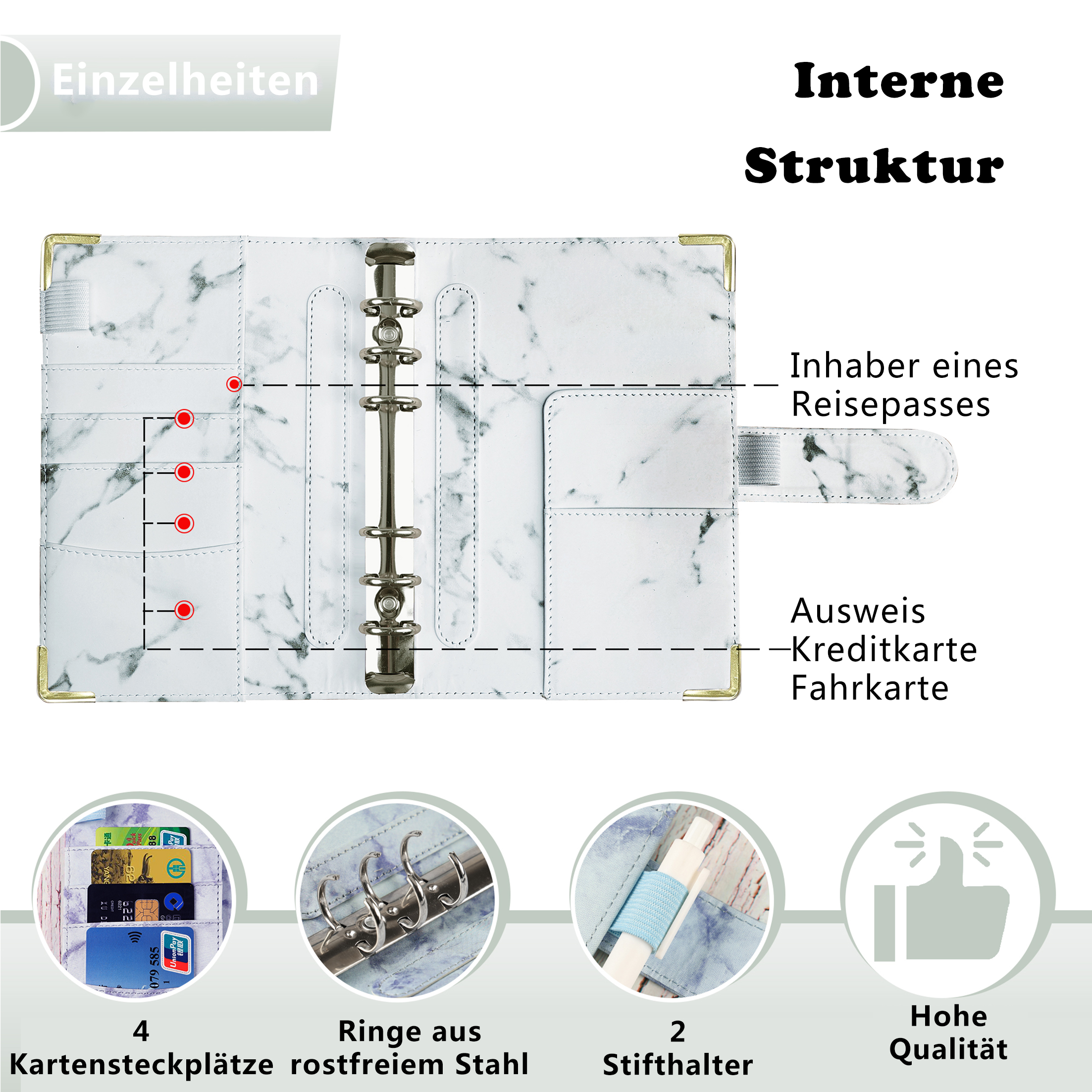 Ein weißer Lederplaner, geöffnet, um interne Fächer und einen Kartenhalter auf Weiß zu zeigen.