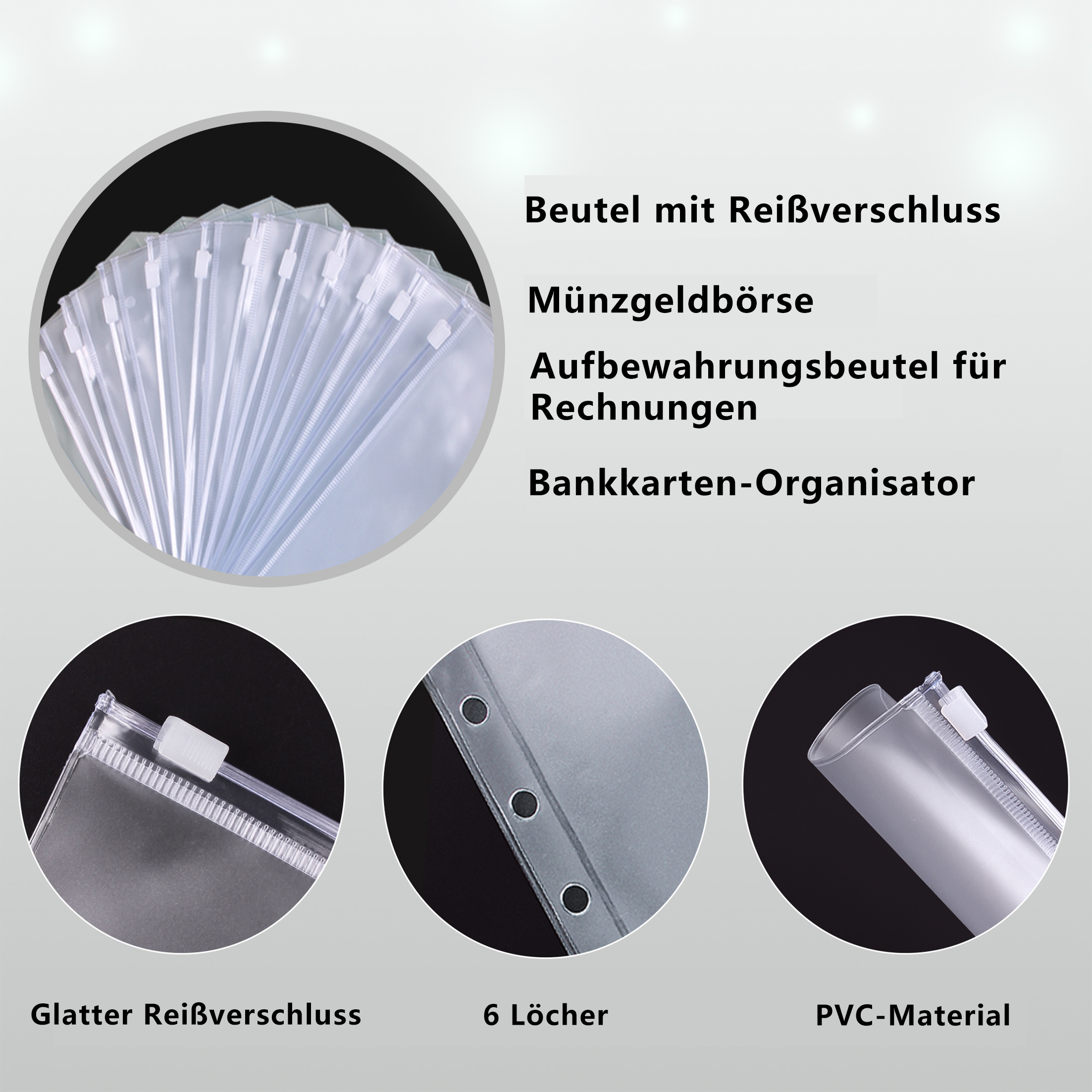 Transparente Plastiktüten mit Reißverschlüssen, Details der Reißverschlüsse und Text auf Deutsch über Organisation und Aufbewahrung.