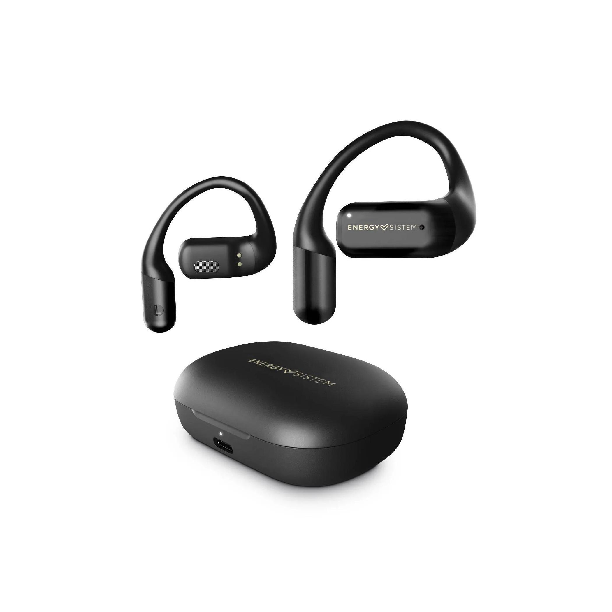 Cuffie wireless Energy Sistem nere con la loro custodia di ricarica, su sfondo bianco.