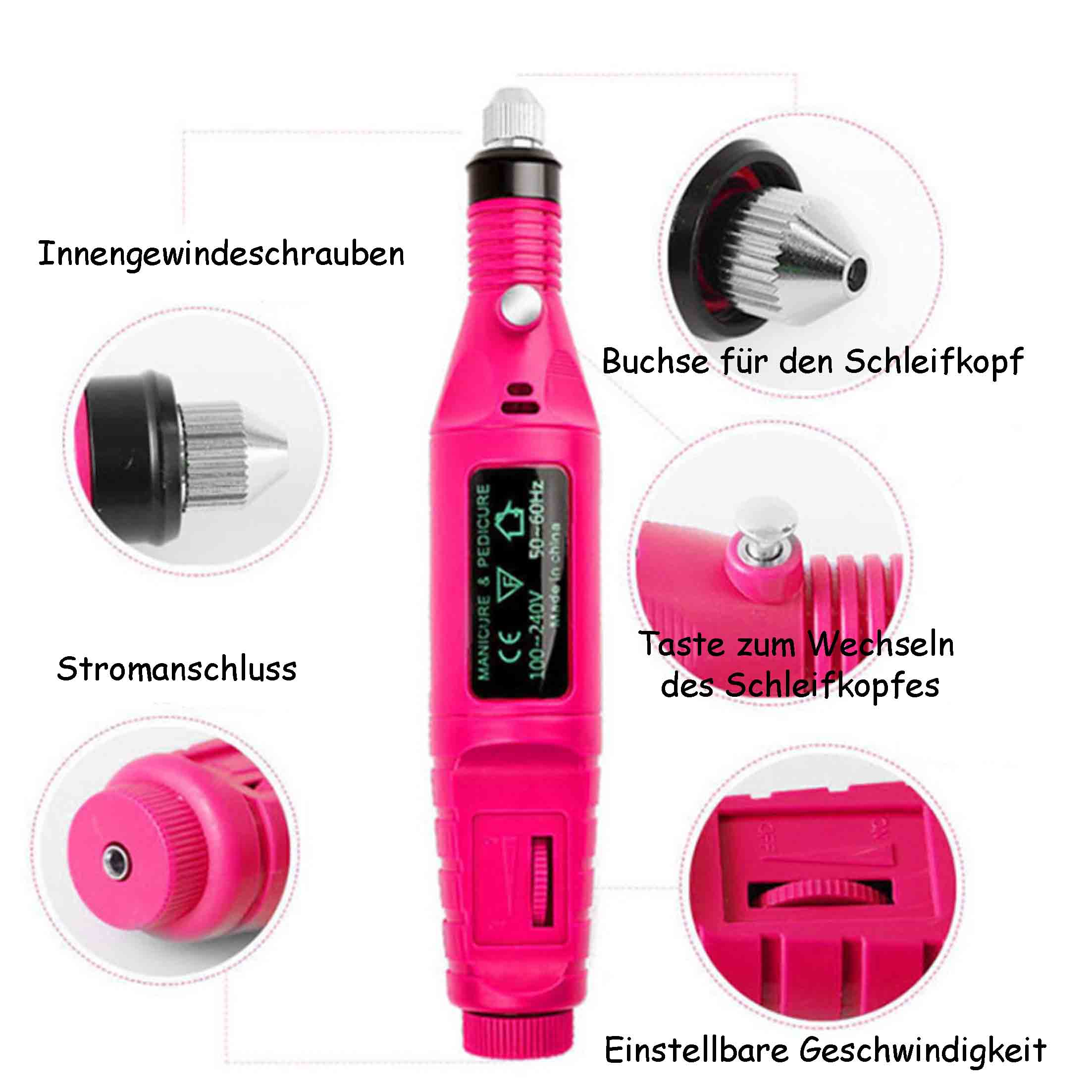 Pinkfarbene Nagelbohrmaschine mit beschrifteten Teilen: Schrauben, Bits, Strom und Geschwindigkeitsregelung.