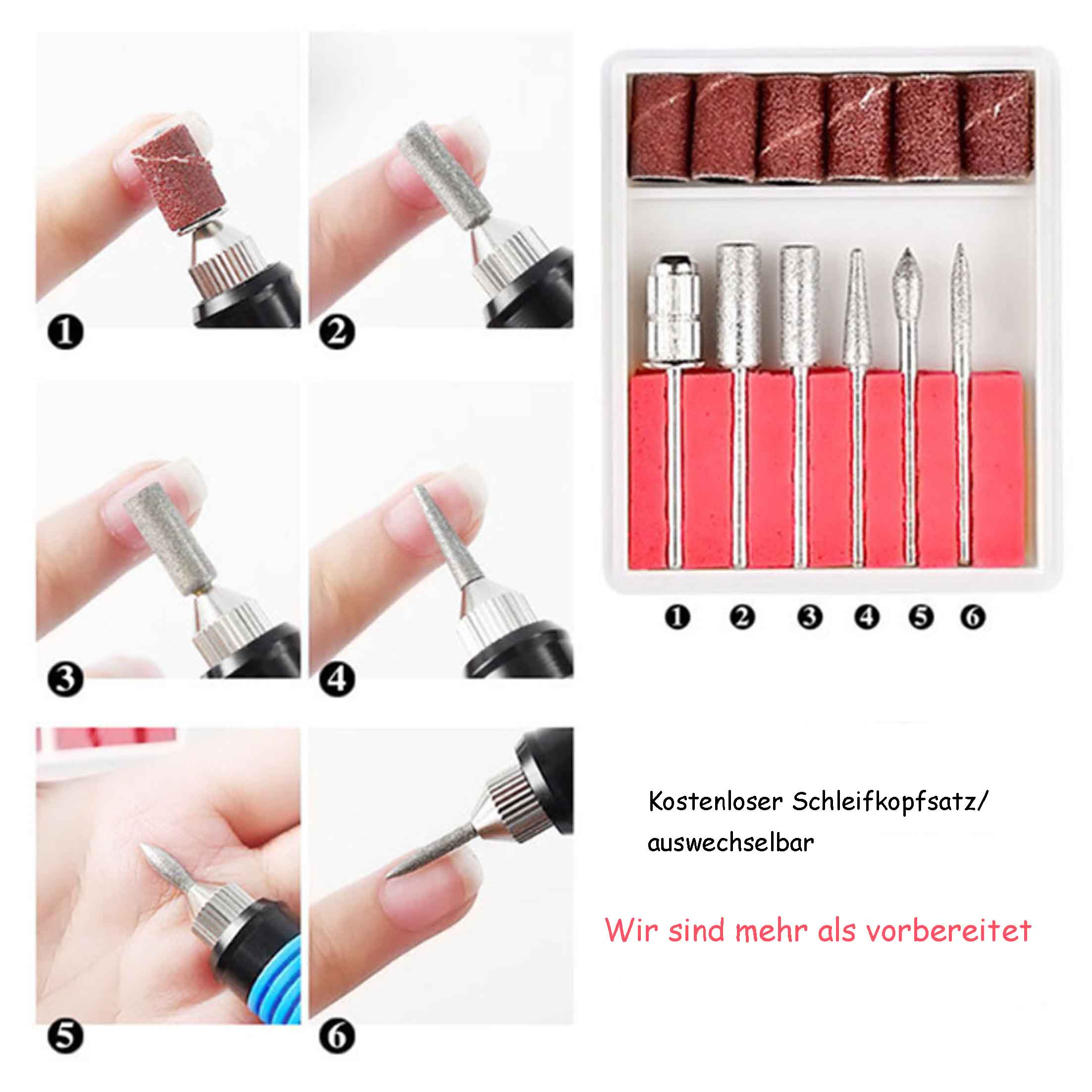 Nagelbohrer. Die Schritte 1-6 zeigen den Prozess der Verwendung der Bits.
