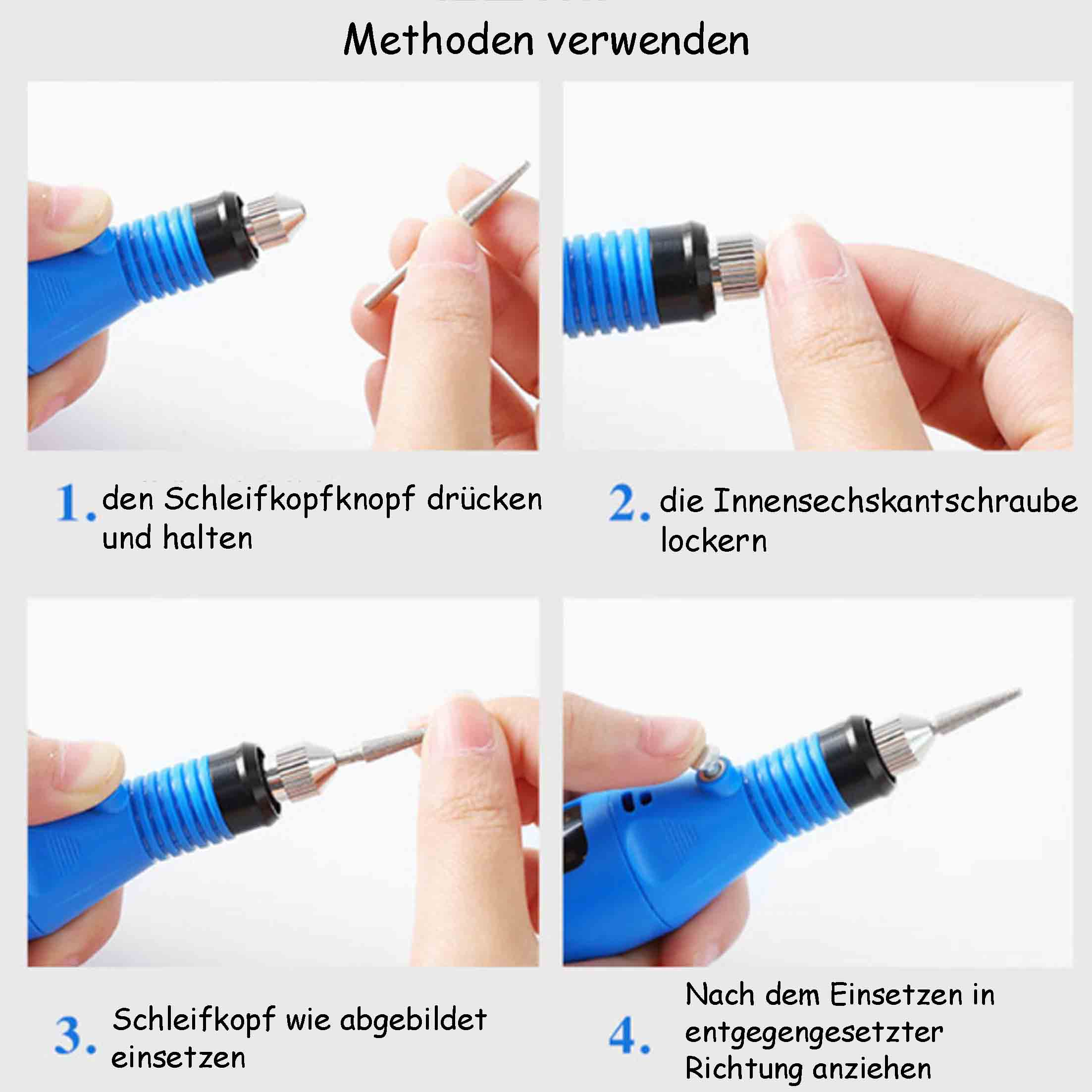 Anleitung zur Verwendung eines Rotationswerkzeugs. Vier Schritte mit blauem Werkzeug und Handinteraktion gezeigt.