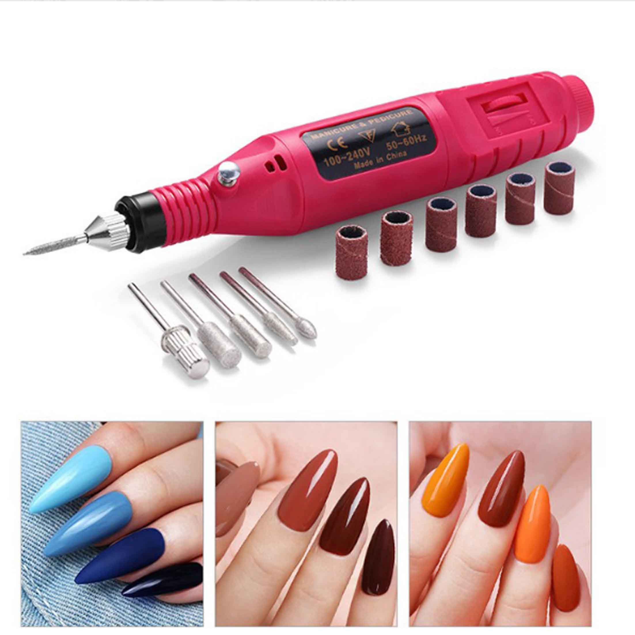 Eine pinke Nagelbohrmaschine mit verschiedenen Bohraufsätzen und Beispielen für Maniküre.