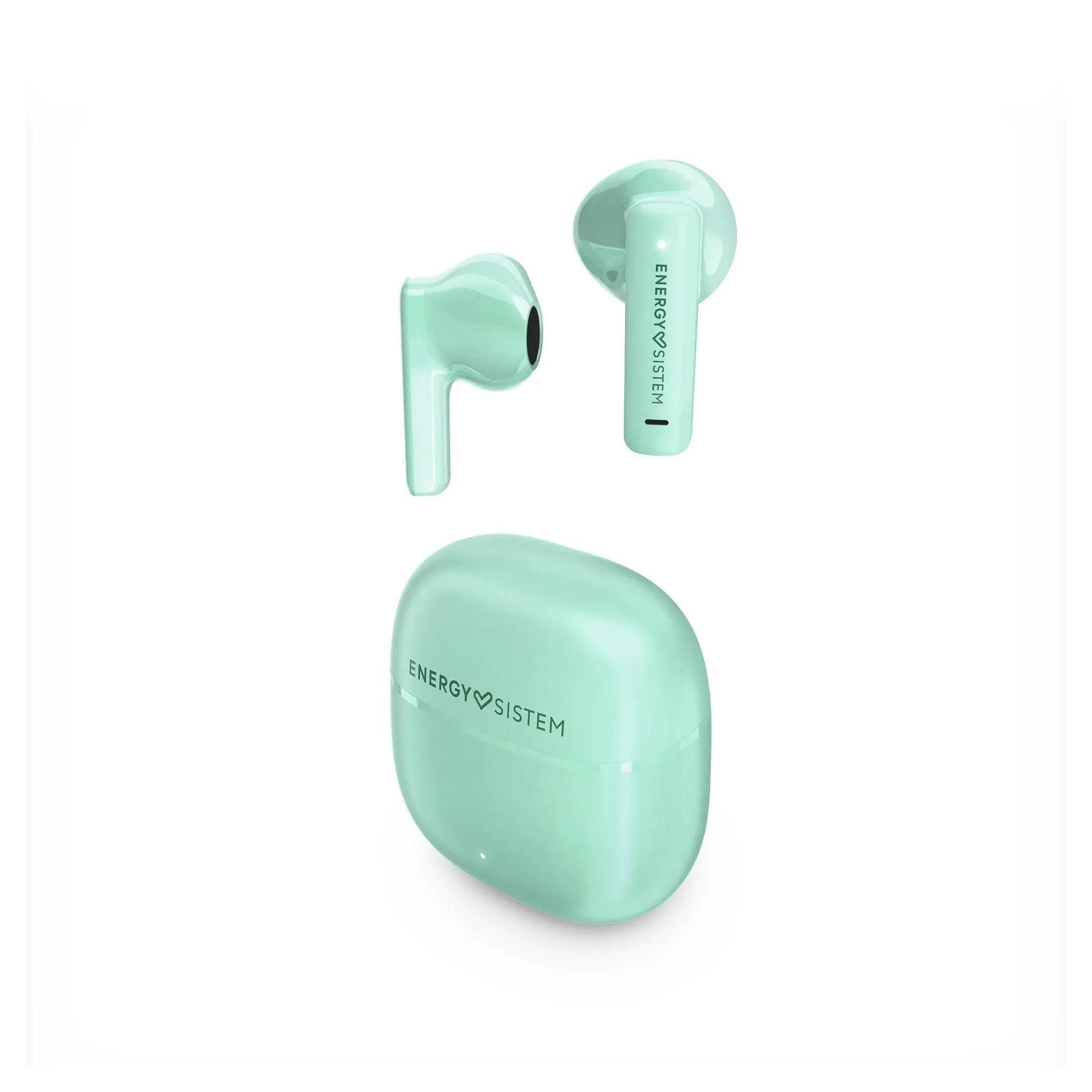 Auricolari e custodia di ricarica verde menta su sfondo bianco. La custodia ha il marchio.