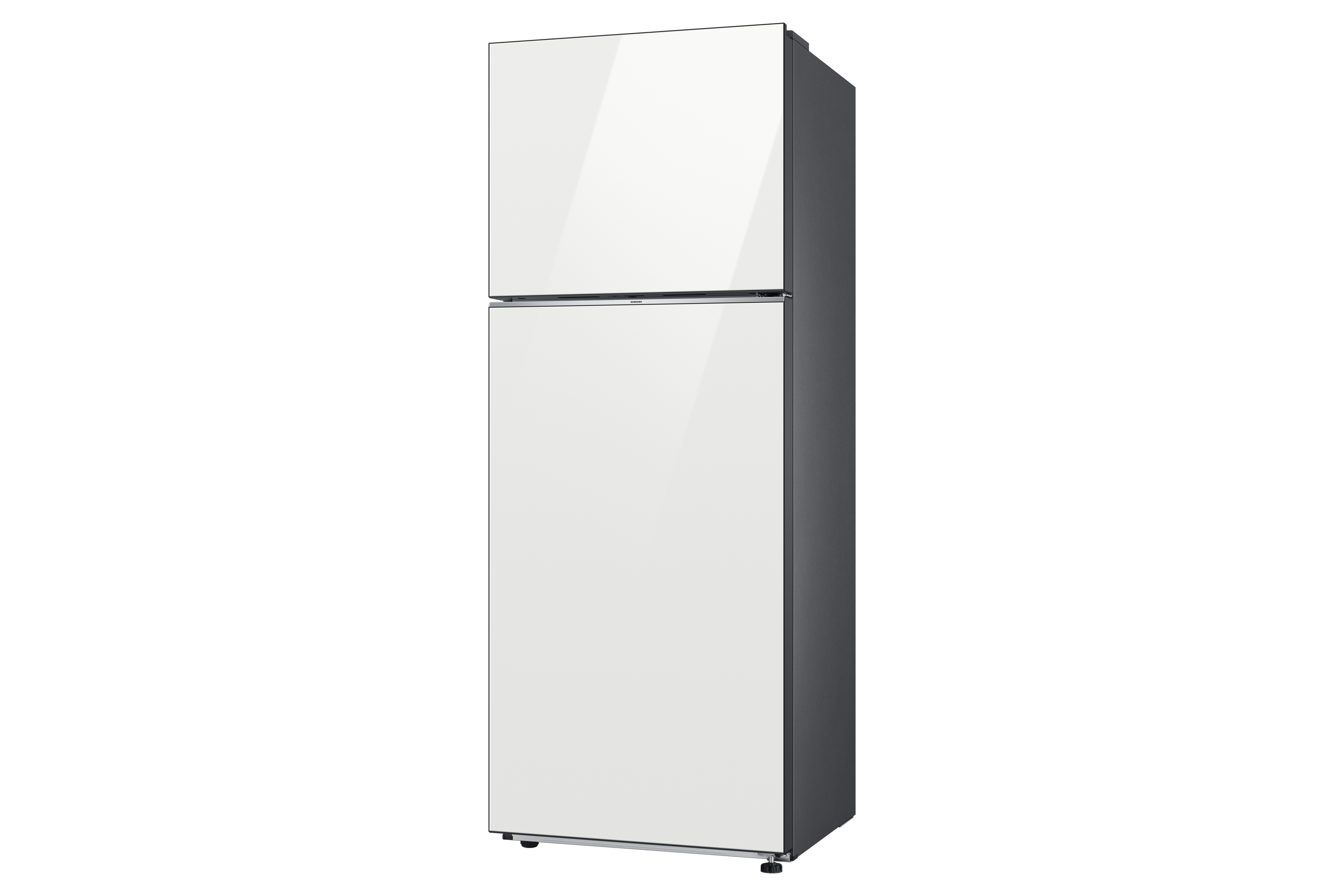 Frigorifero bianco a due porte, design moderno.