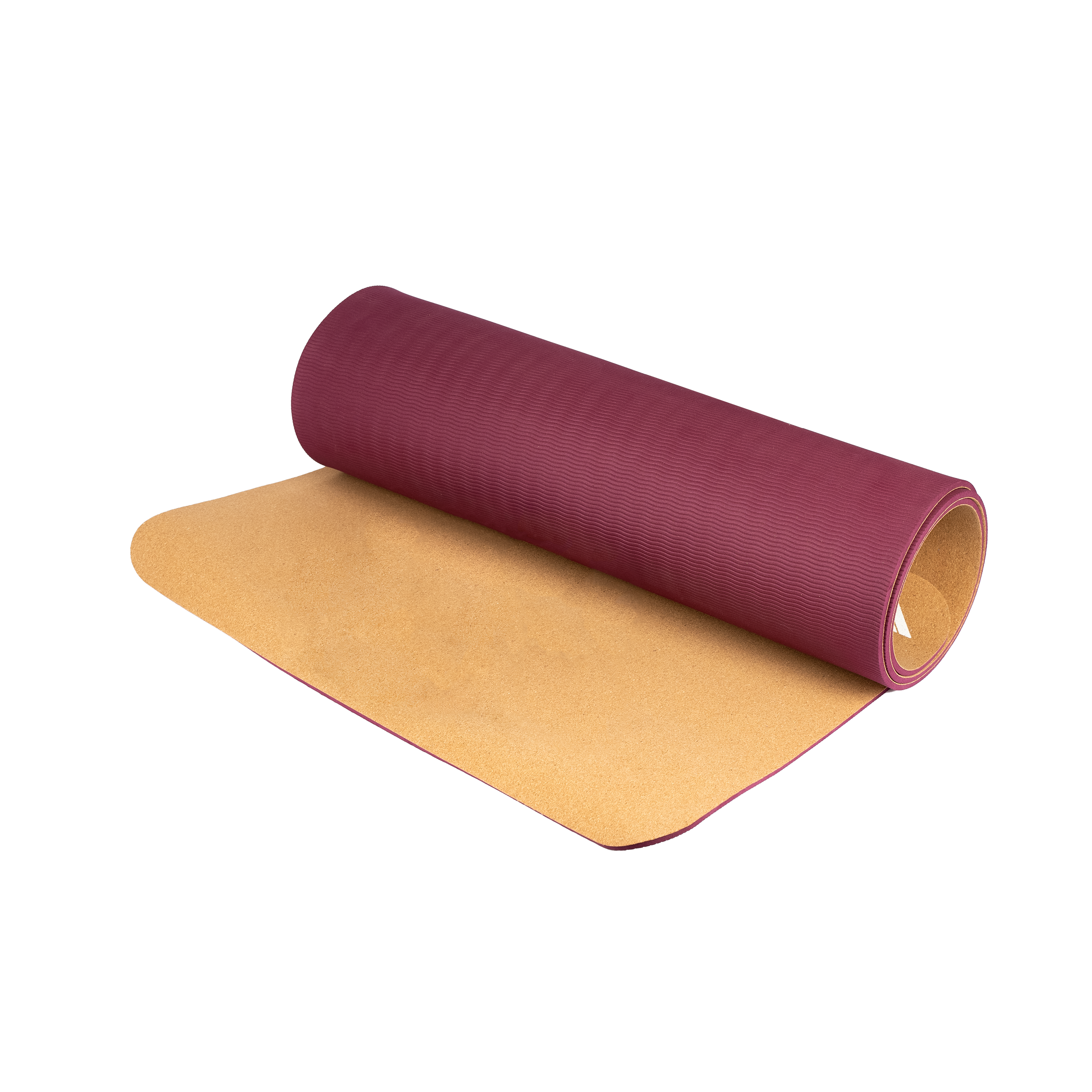 Eine aufgerollte Yogamatte. Die Matte ist außen weinrot und innen hellbraun.