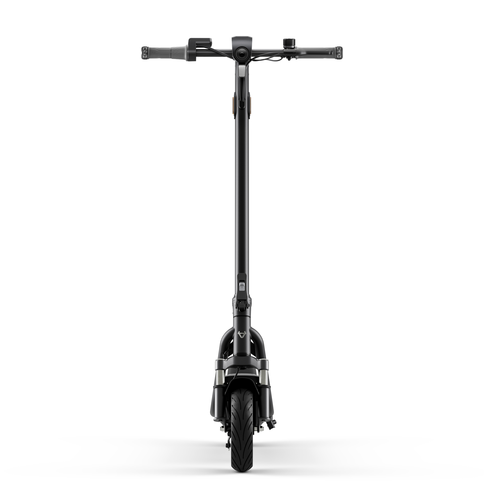 Scooter eléctrico negro, vista frontal. Se ven el manillar, la tija y la rueda delantera.