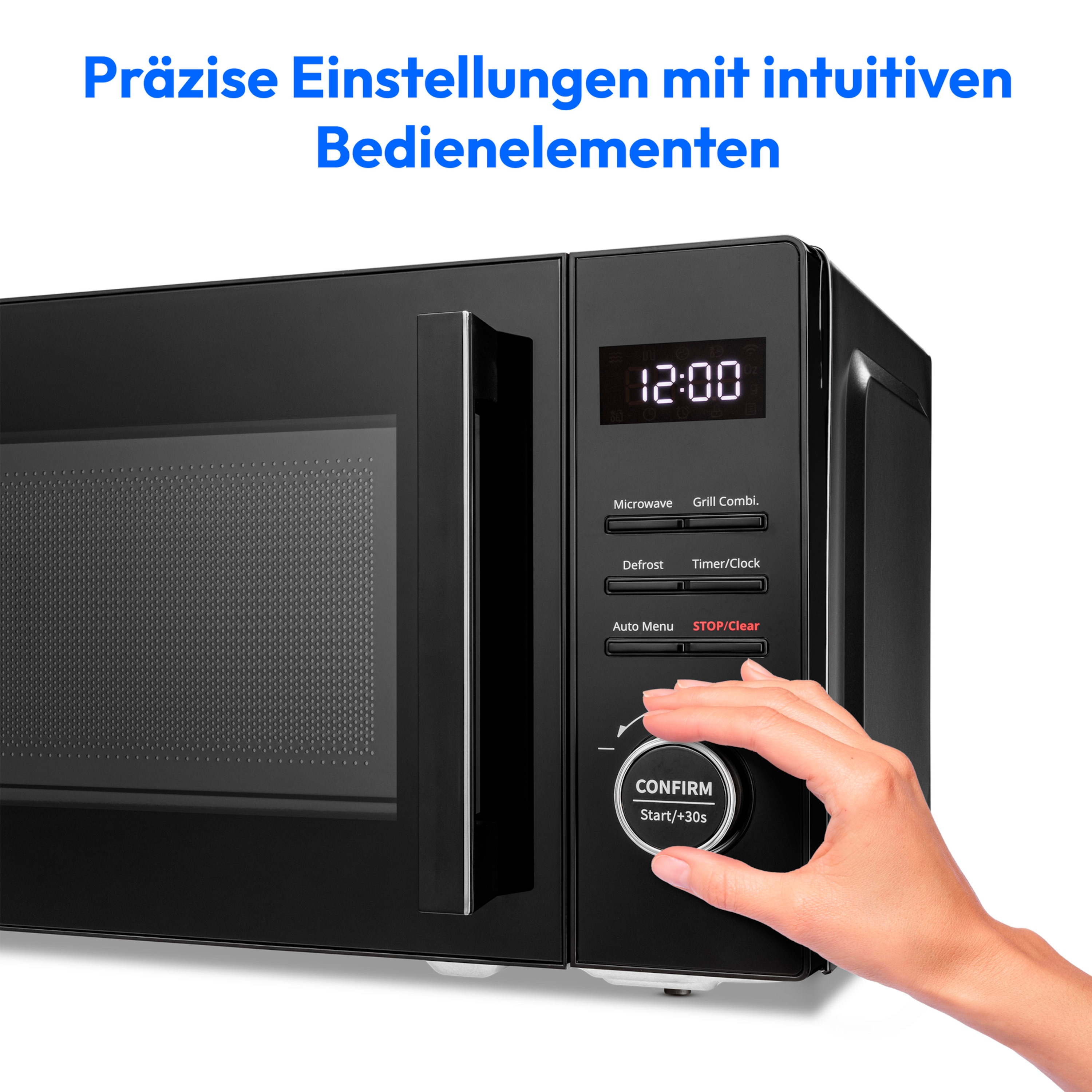 Microondas negro con pantalla digital que muestra la hora. Una mano gira un dial con la palabra 'Confirm'.
