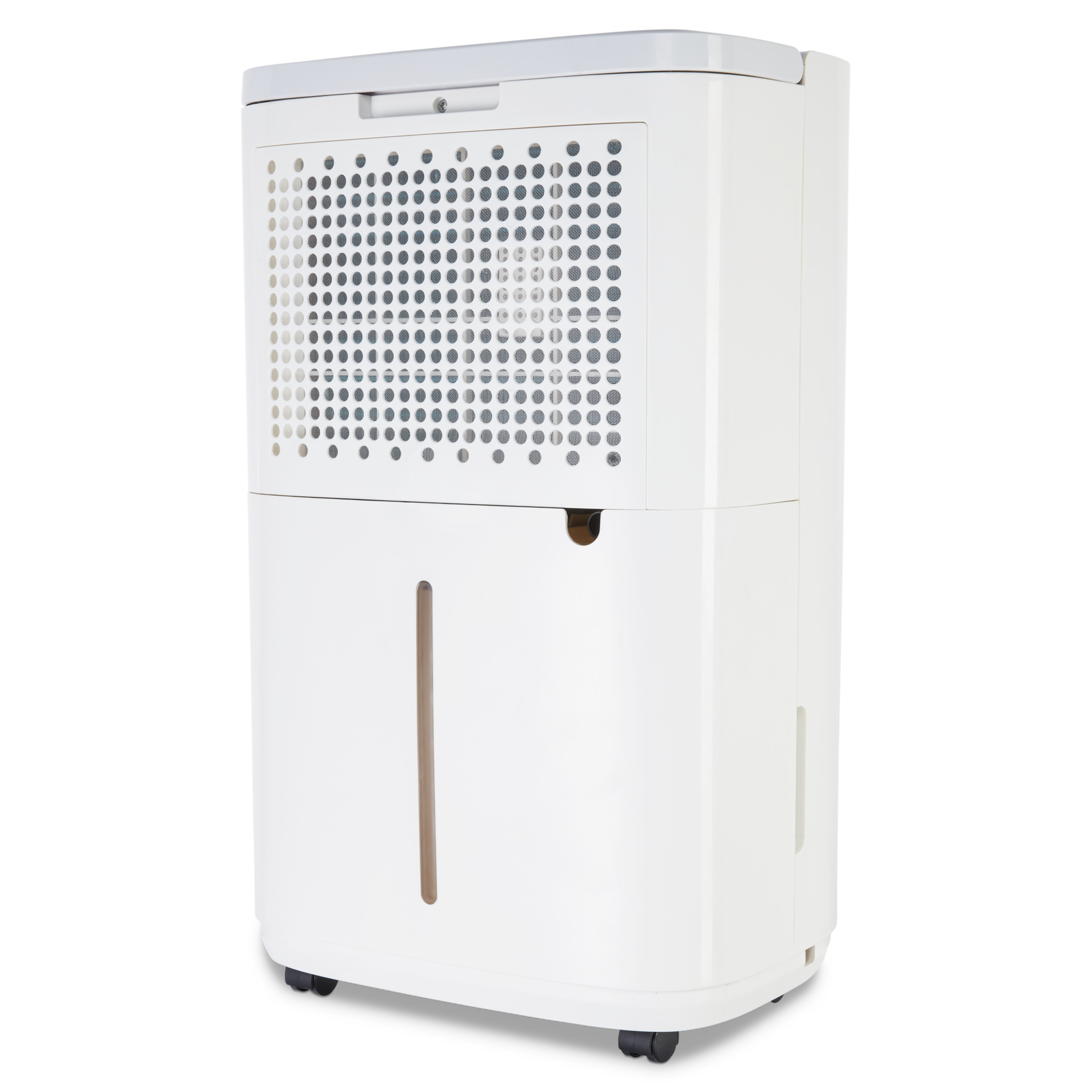 Ein weißer Luftentfeuchter mit Frontgrill, Wassertank und Rollen. Er ist sauber und modern.