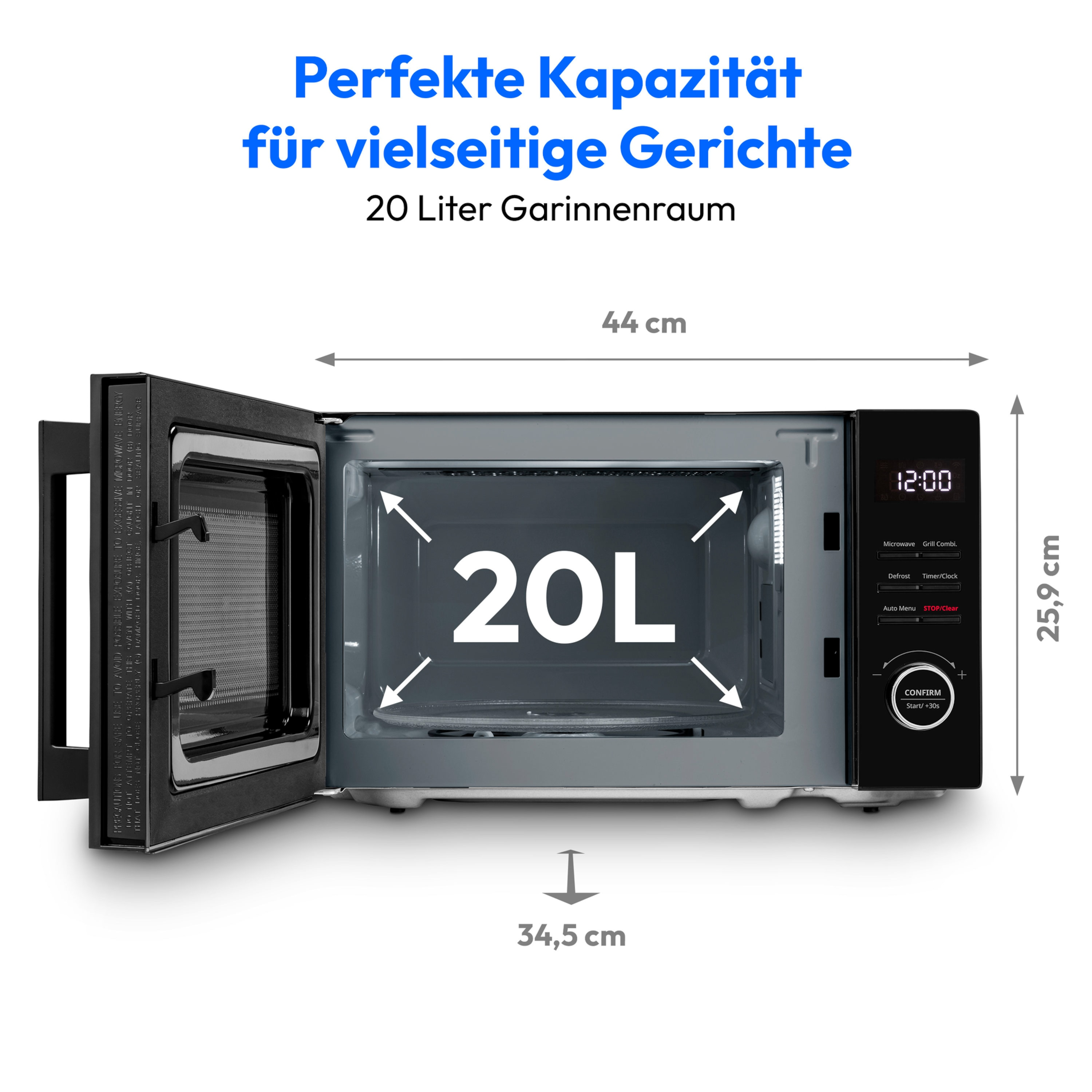 Un horno microondas negro con la puerta abierta, mostrando el interior.