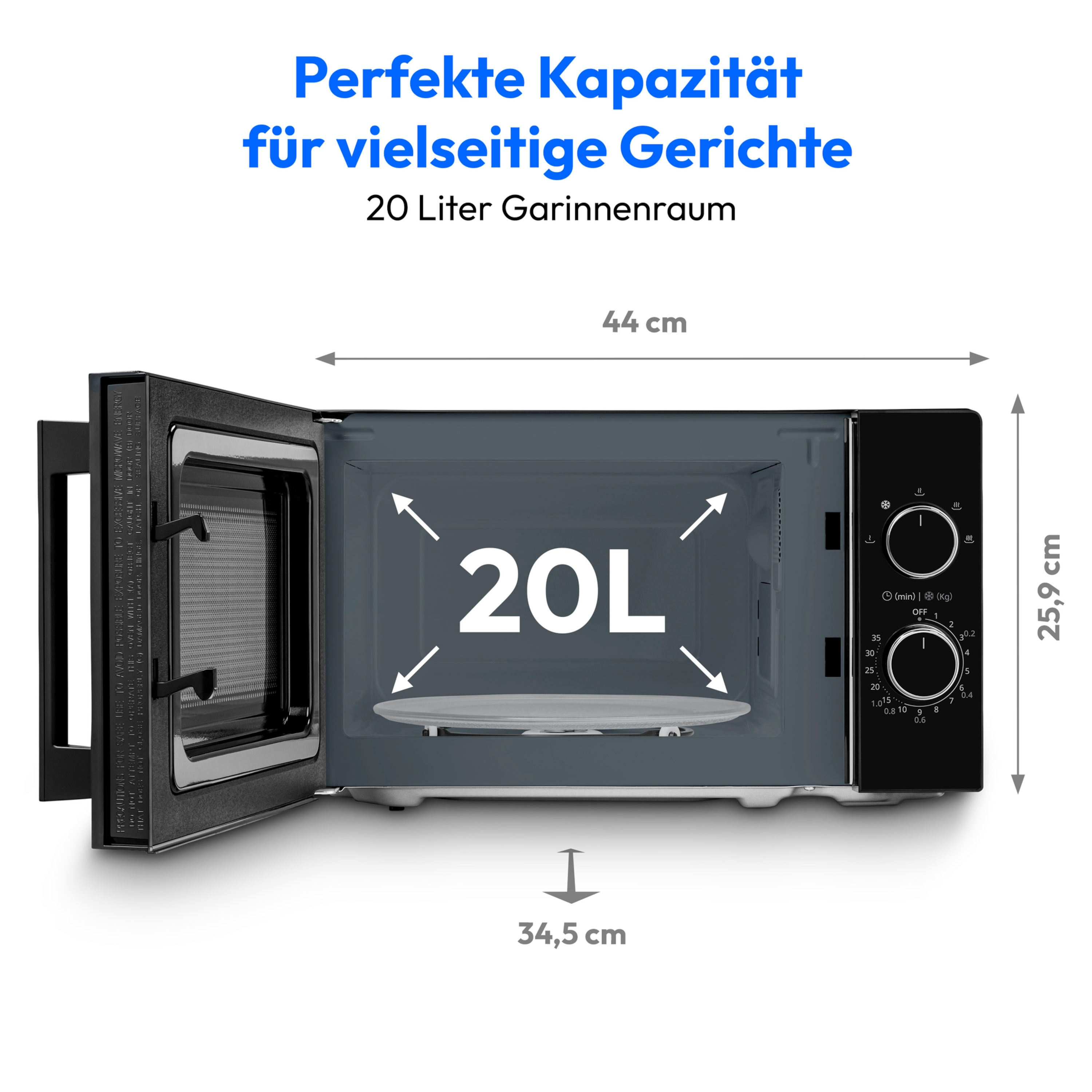 Un forno a microonde nero con la porta aperta. Vengono mostrate le dimensioni.