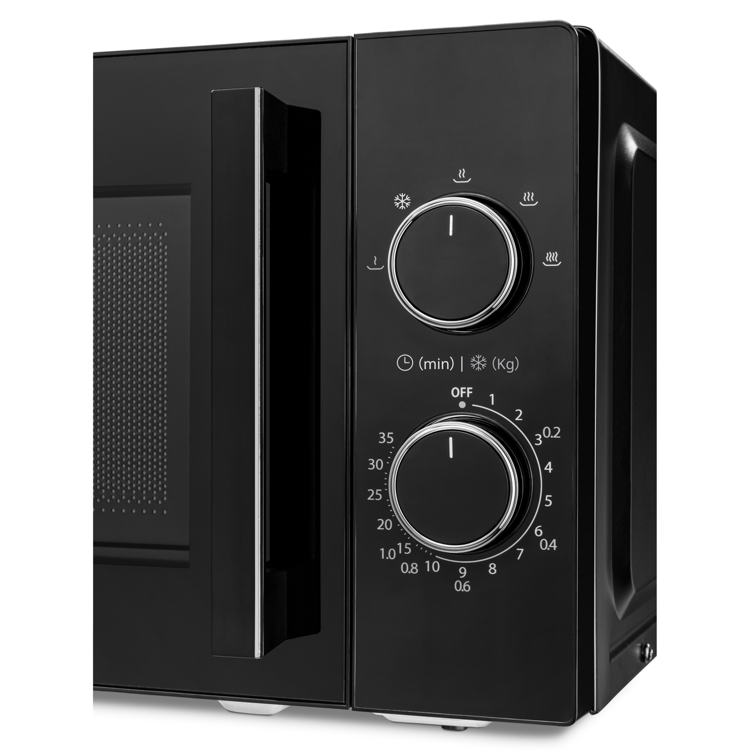 Forno a microonde nero. Pannello di controllo con manopole e pulsanti. Porta chiusa.