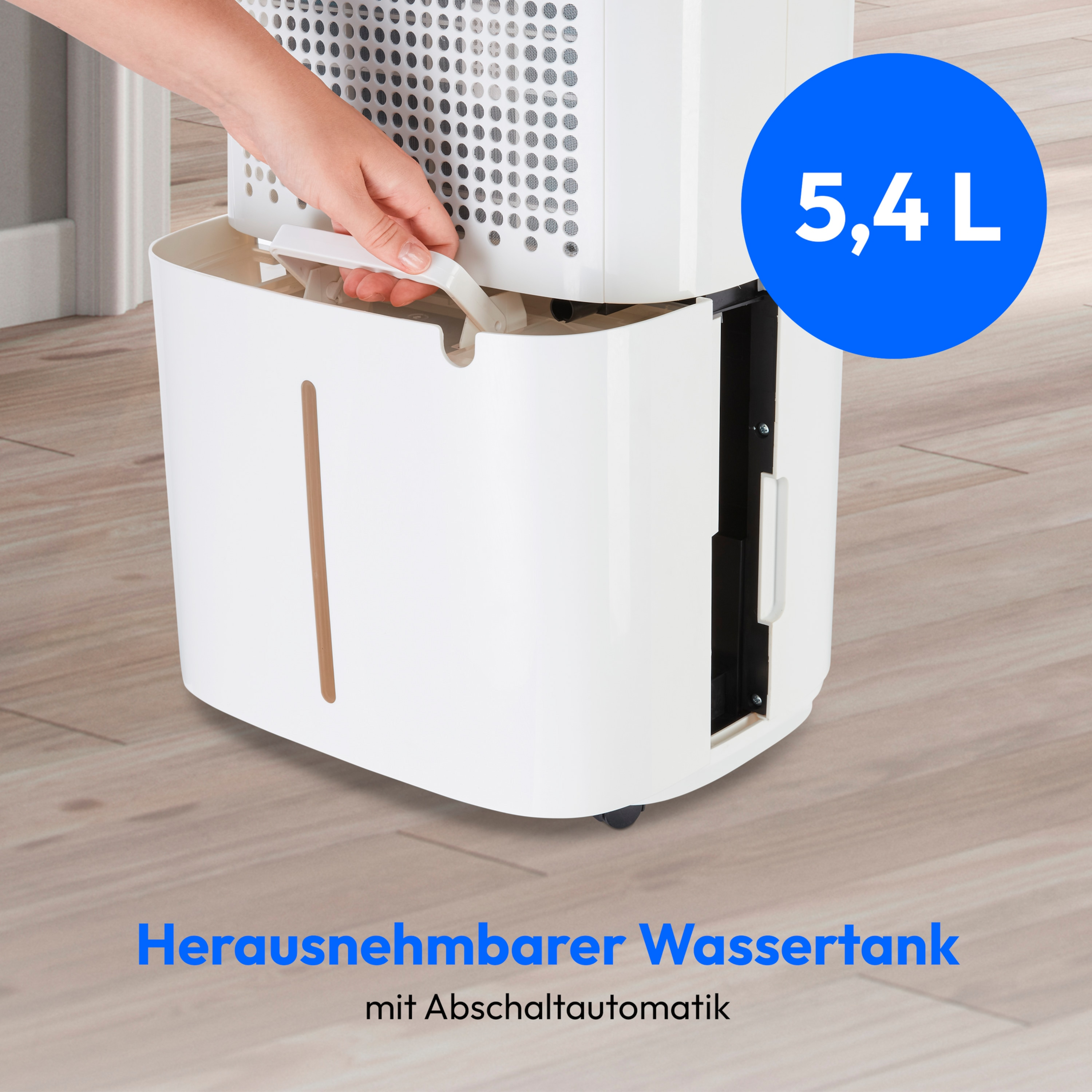 Weißer Luftentfeuchter mit blauem Kreis: 5,4L, eine Frau, die den Wassertank herausnimmt. Text auf Deutsch.