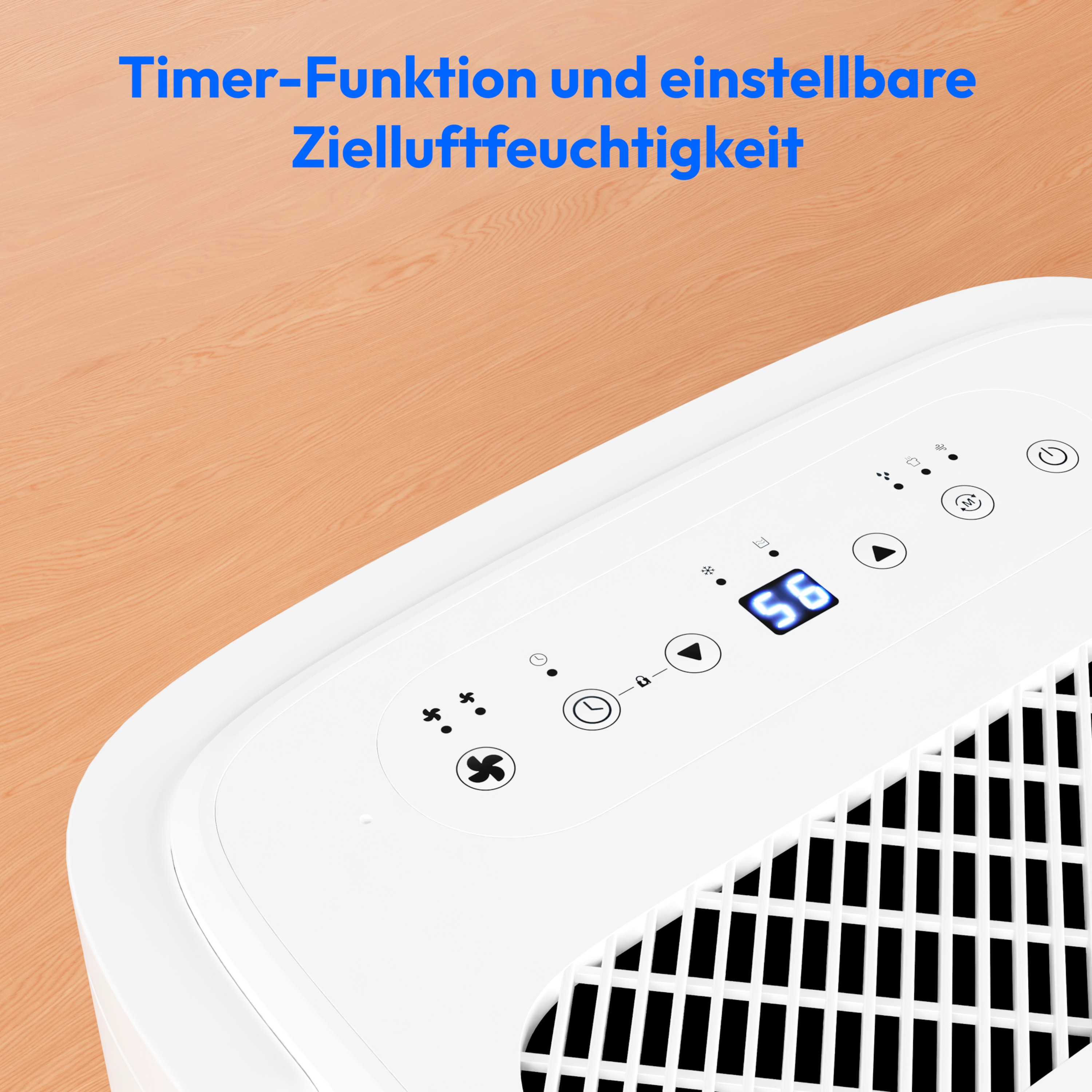 Ein weißer Luftentfeuchter mit digitaler Anzeige der Luftfeuchtigkeit.