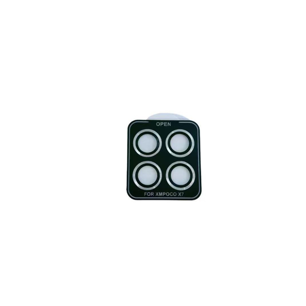 Protezione per obiettivo della fotocamera rettangolare nera con quattro ritagli per lenti circolari e il testo 'FOR XMPCO X7'.