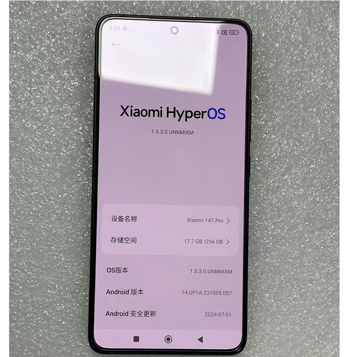 Schermo del telefono Xiaomi con interfaccia HyperOS, che mostra informazioni sul dispositivo. Sfondo grigio.