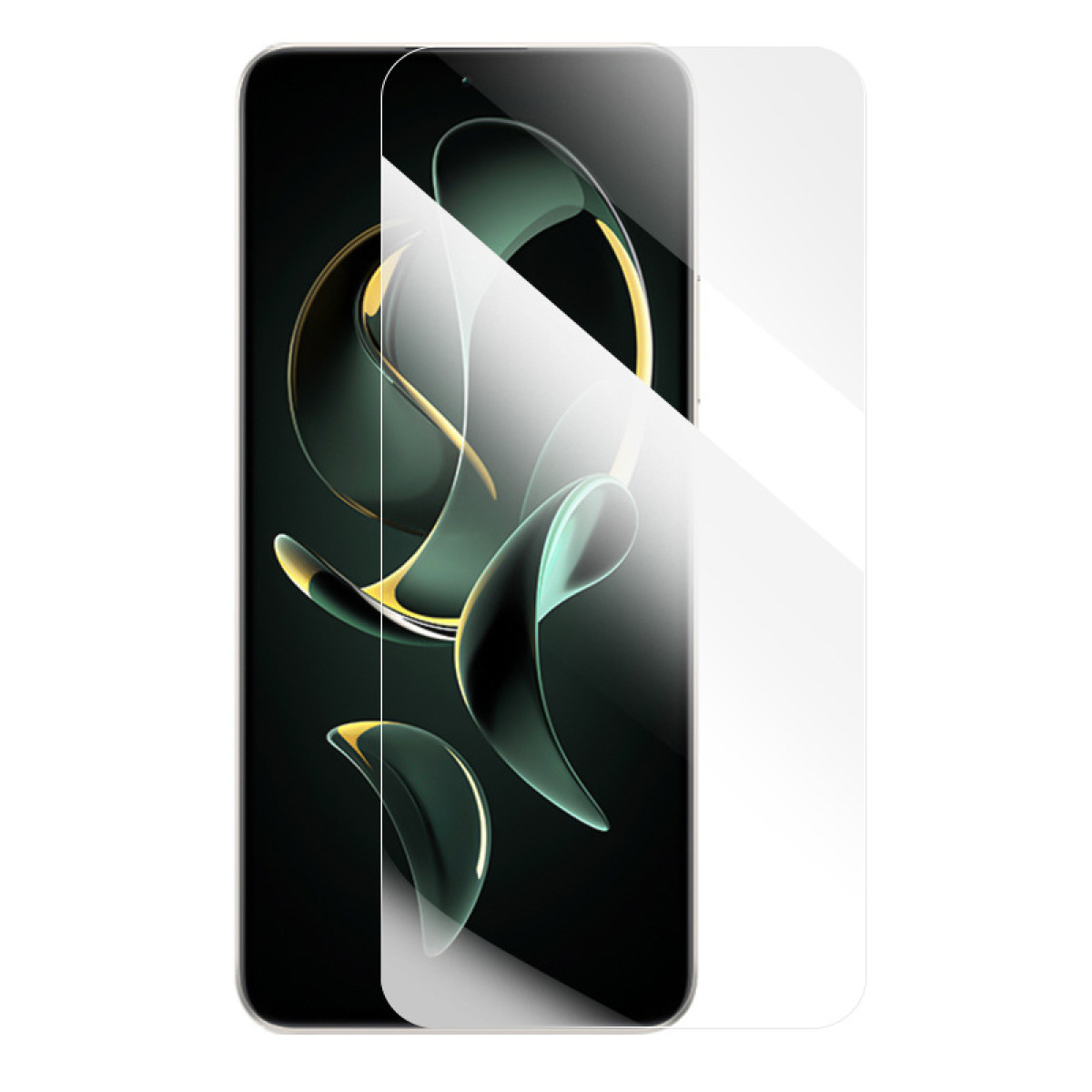 Uno schermo del telefono con una protezione applicata con un design astratto verde e oro.