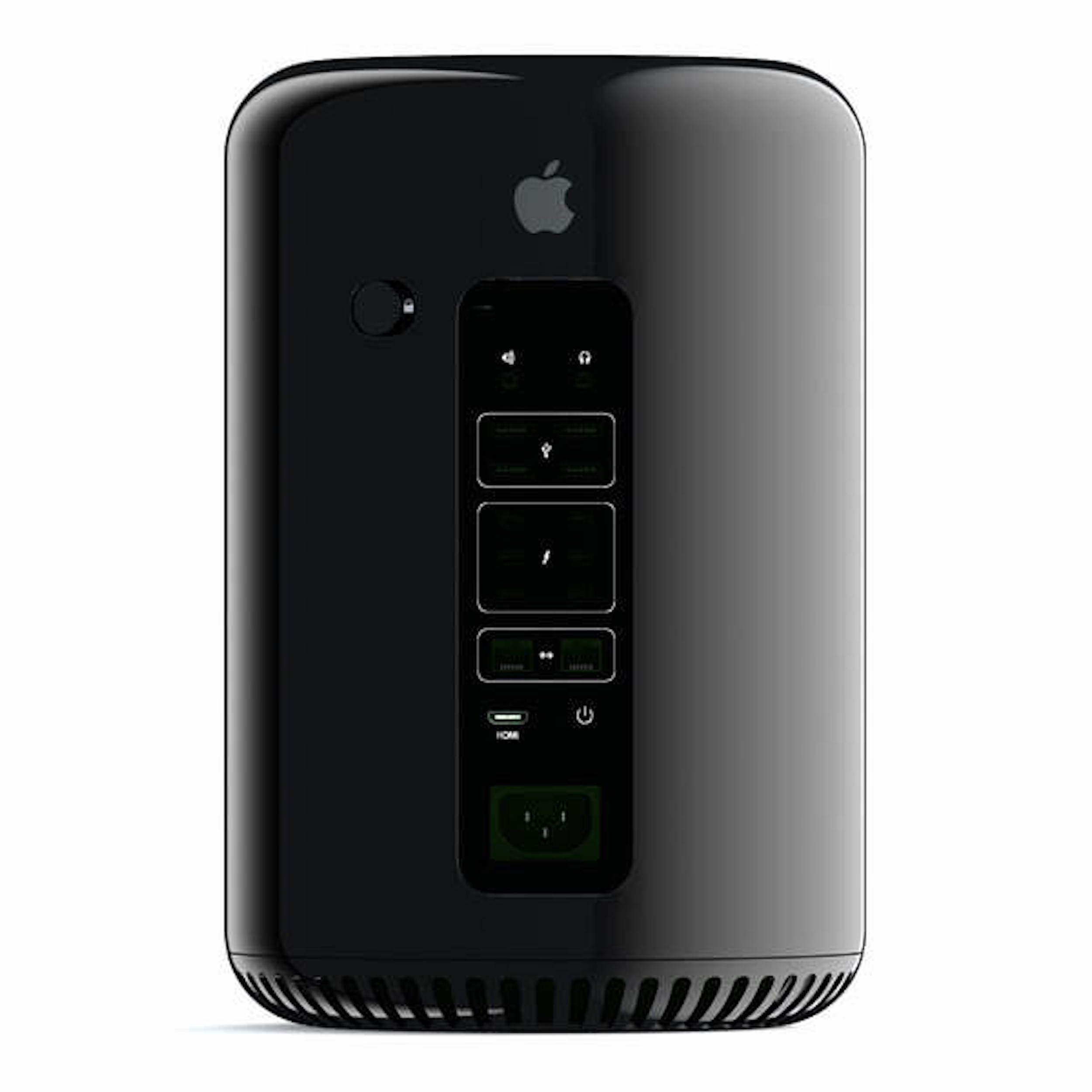 Torre per computer cilindrica nera con logo Apple. Dispone di diverse porte e pulsanti.