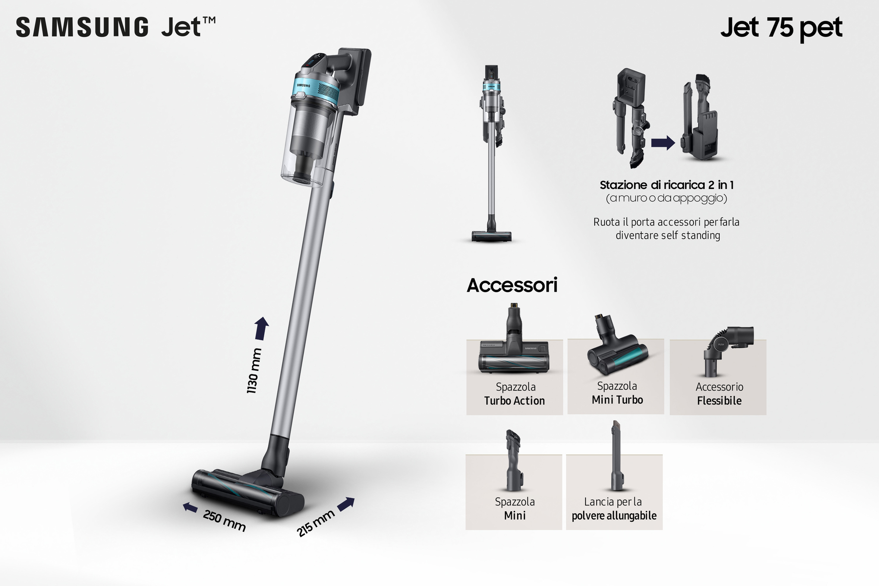 Un aspirapolvere Samsung Jet 75 pet con accessori e dimensioni. Lo sfondo è bianco.