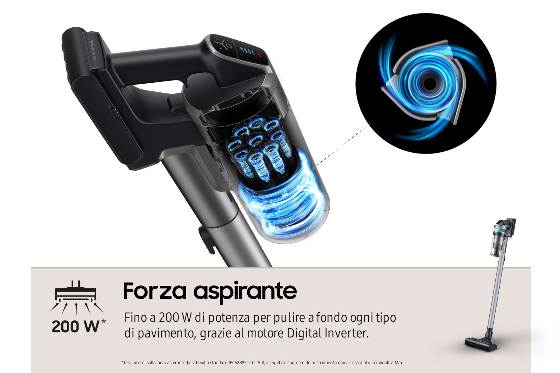 Un aspirapolvere portatile argento e nero. Mostra la potenza di aspirazione. È incluso un diagramma.