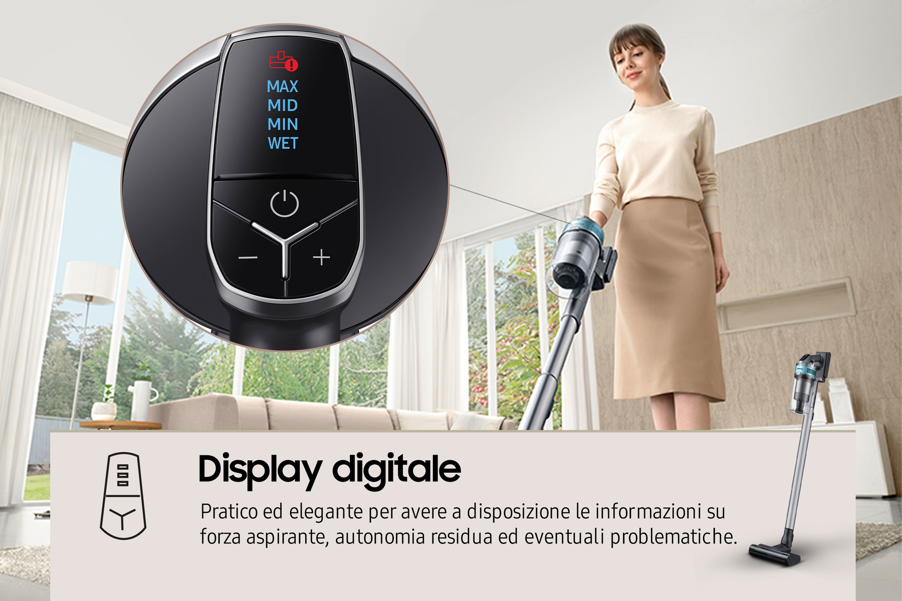 Una donna usa un aspirapolvere con un display digitale.