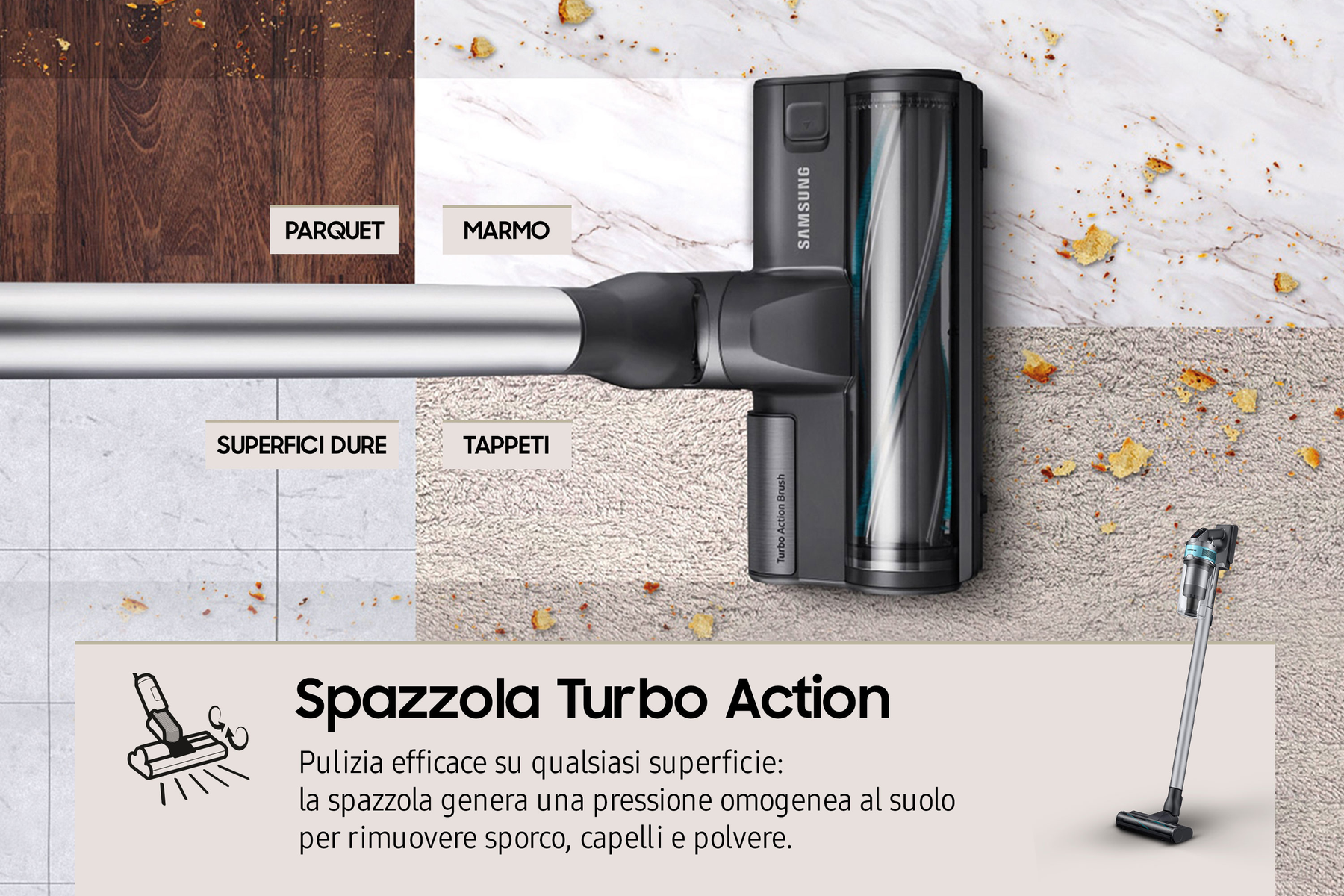 L'immagine mostra una testina di aspirapolvere che pulisce diverse superfici: legno, marmo, moquette e piastrelle. L'aspirapolvere è nero.