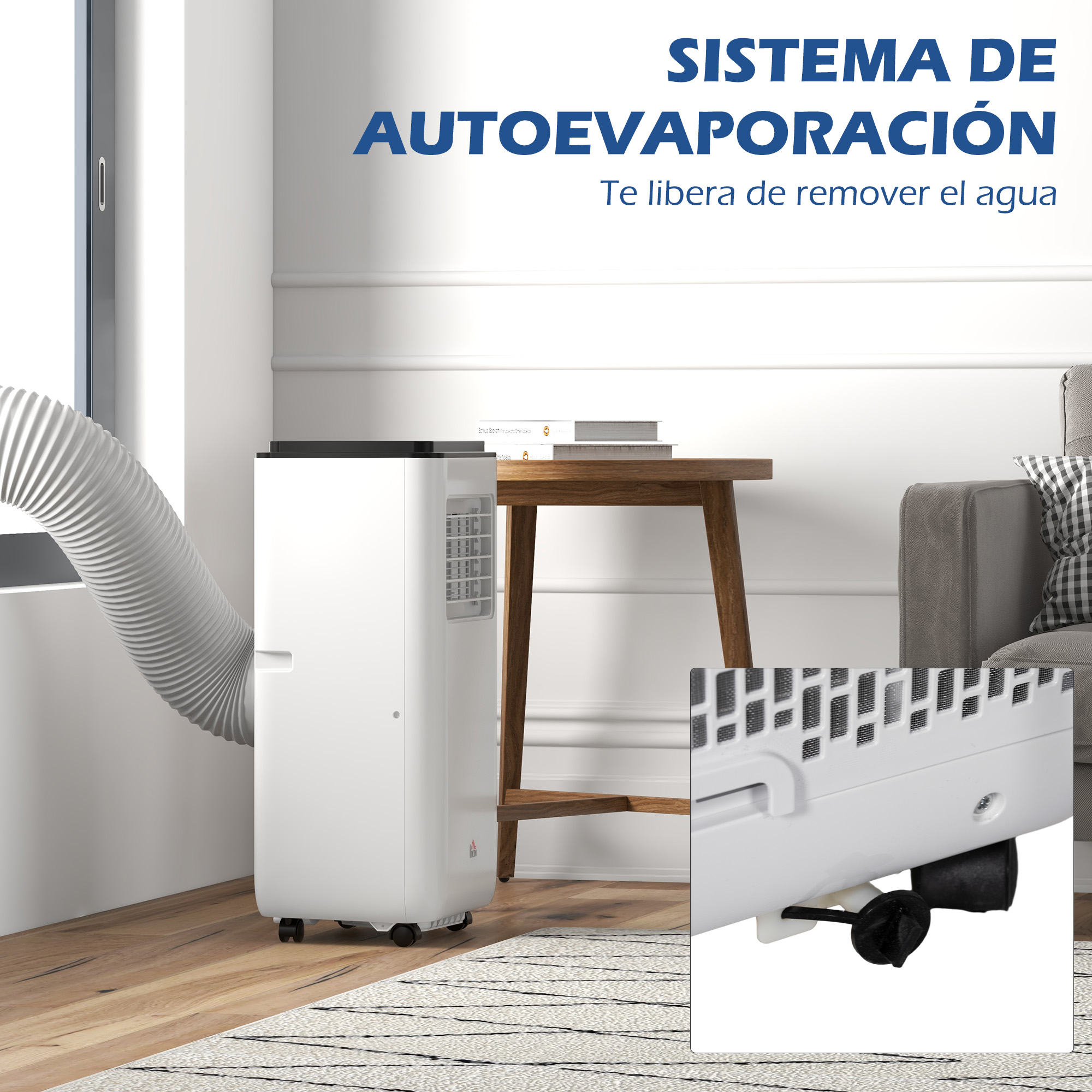 Aire acondicionado blanco con manguera. Está sobre una alfombra en una habitación. Un primer plano muestra una válvula de agua.
