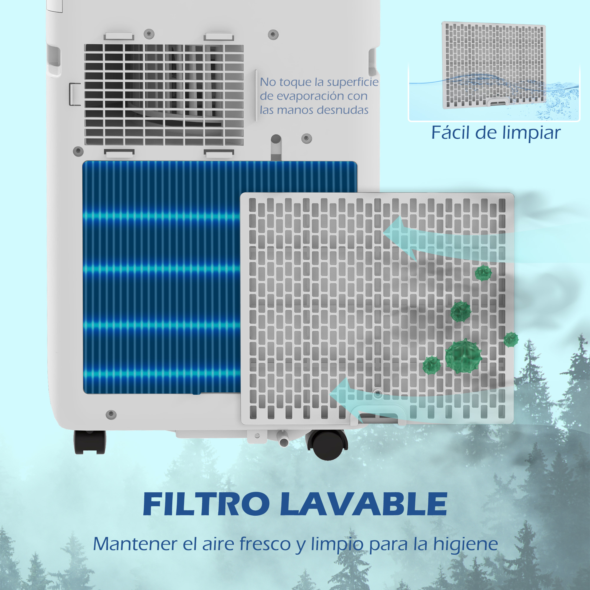 Un filtro de aire lavable con diseño de rejilla, cerca de un aire acondicionado blanco y azul.