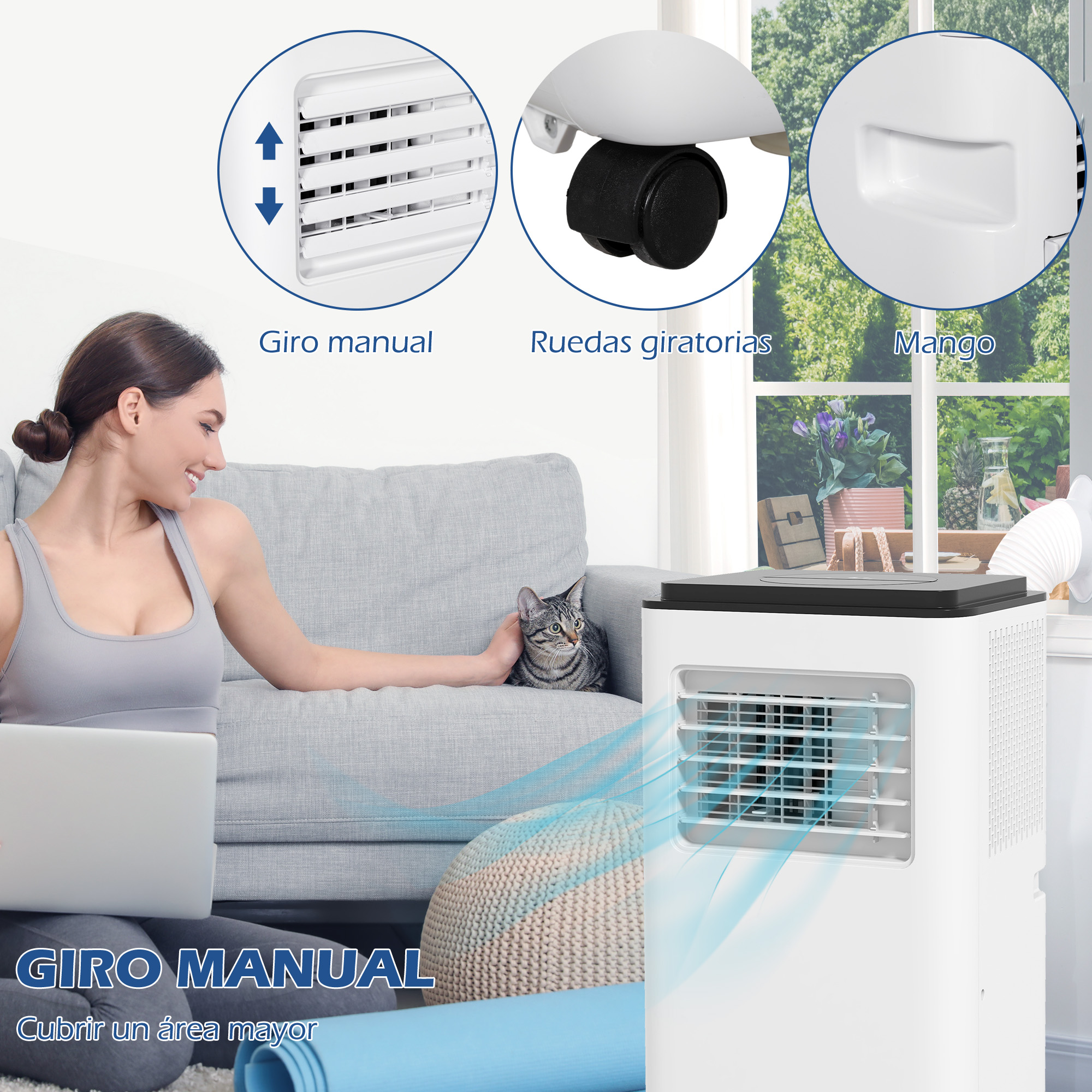Mujer con portátil y gato en el sofá.  Acondicionador de aire portátil e iconos en la imagen.