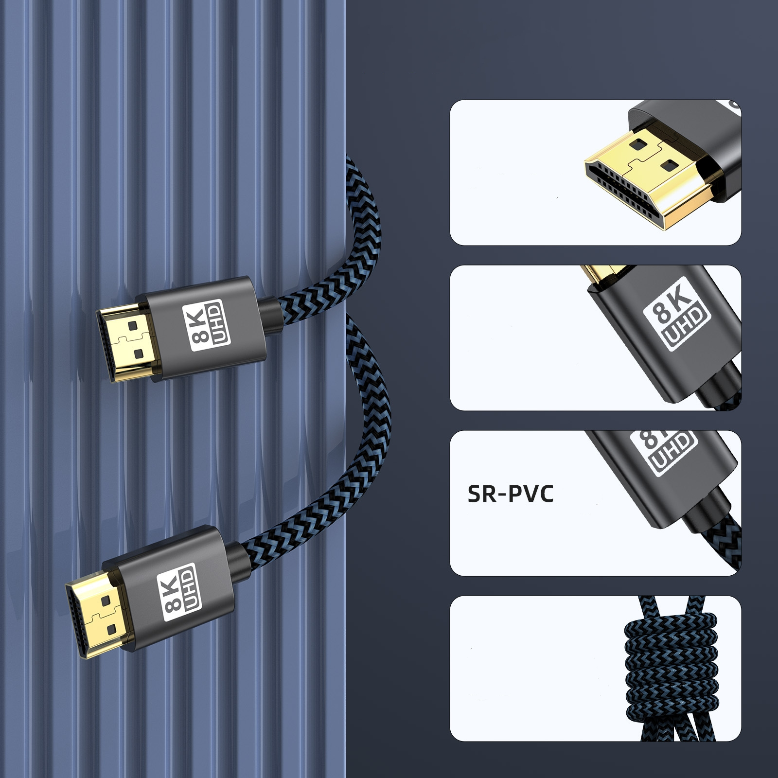 HDMI-Kabel mit 8K-UHD-Etiketten und Anschlüssen auf blauem Hintergrund.