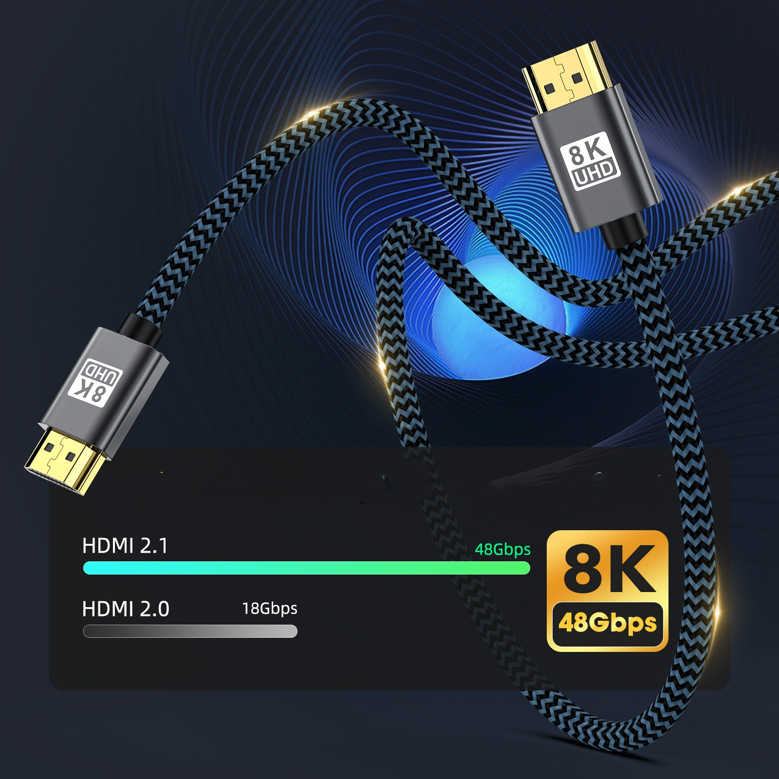 Ein HDMI 2.1-Kabel mit 8K UHD-Anschlüssen. Das Kabel ist schwarz mit grauen Akzenten. Der Hintergrund ist blau.