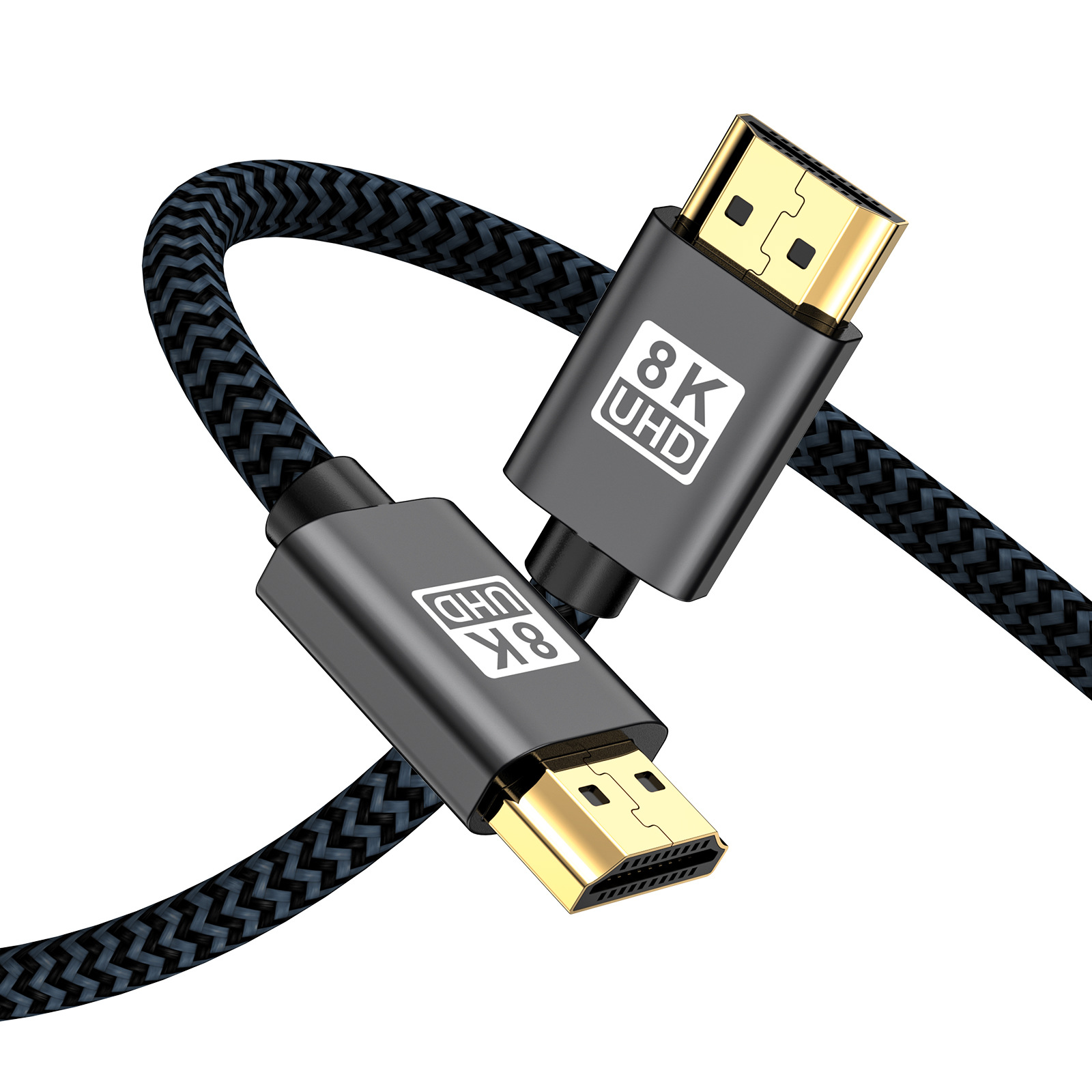 Ein 8K UHD HDMI-Kabel mit vergoldeten Steckern. Das Kabel ist schwarz mit einem strukturierten Muster.