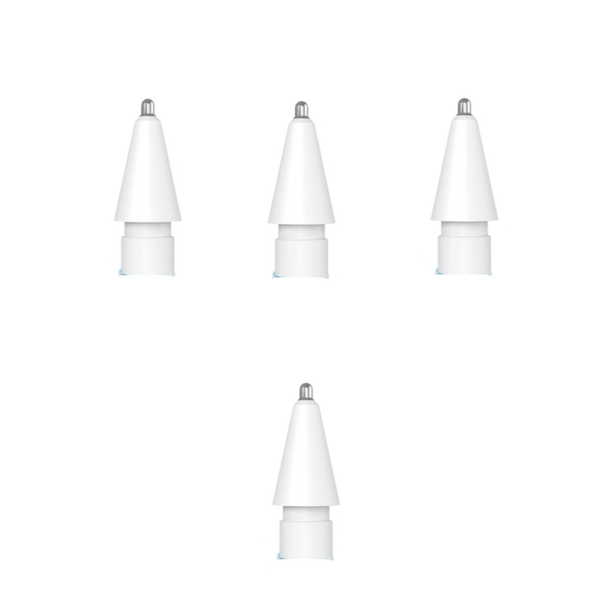 Vier weiße Apple Pencil-Spitzen vor weißem Hintergrund.